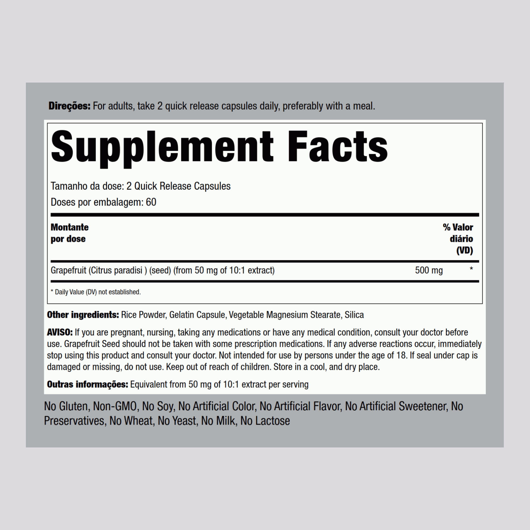 Extrato de semente de toranja 500 mg (por dose) 120 Cápsulas de Rápida Absorção     