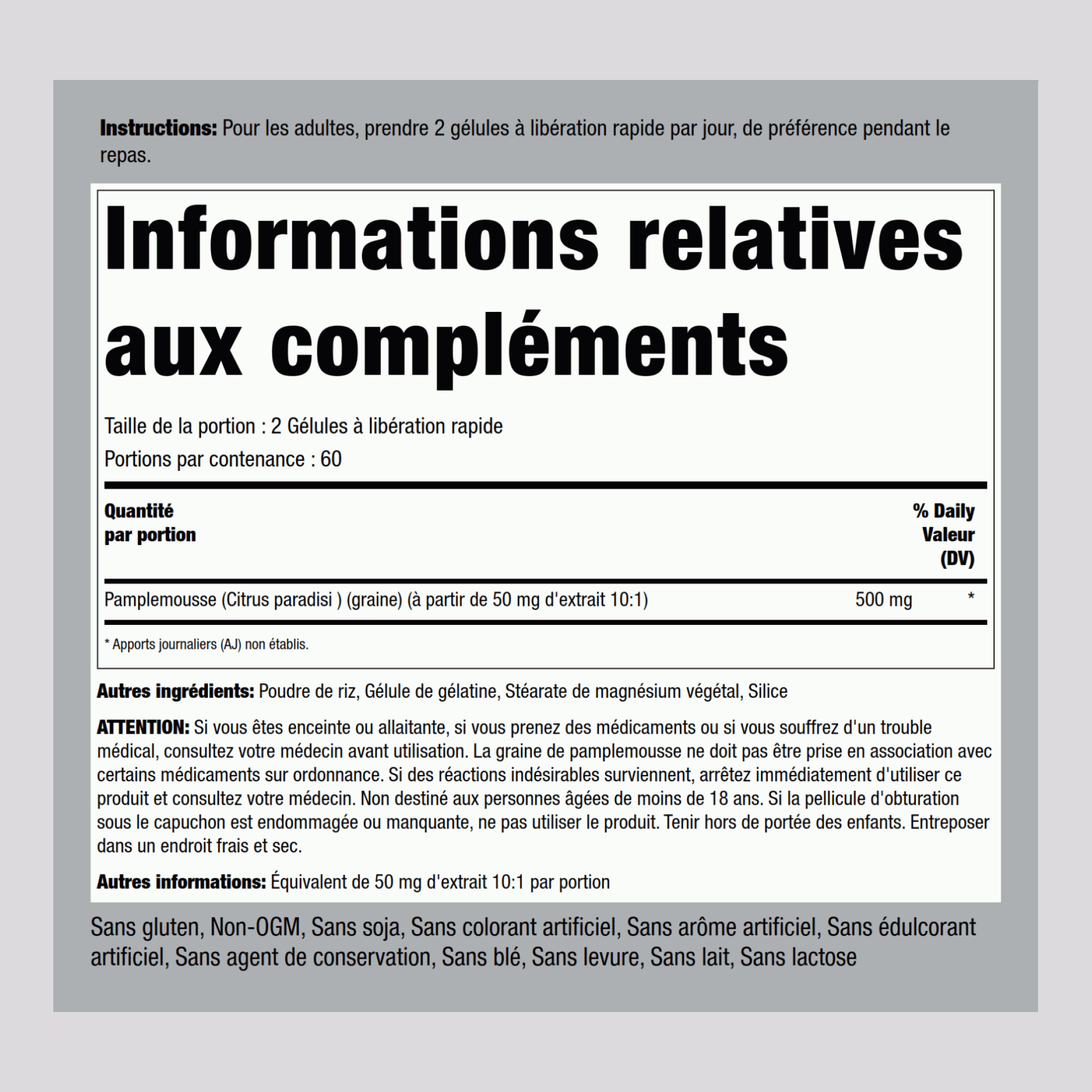 Extrait de graine de pamplemousse 500 mg (par portion) 120 Gélules à libération rapide     