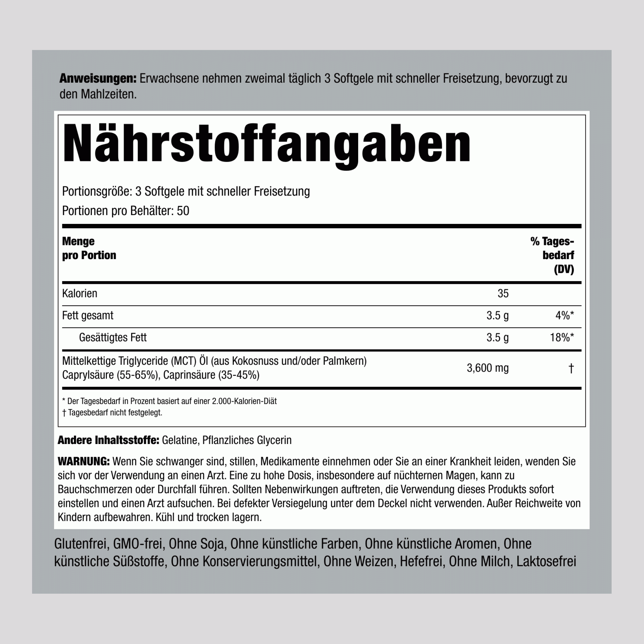 MCT-Öl 3600 mg (pro Portion) 150 Softgele mit schneller Freisetzung     