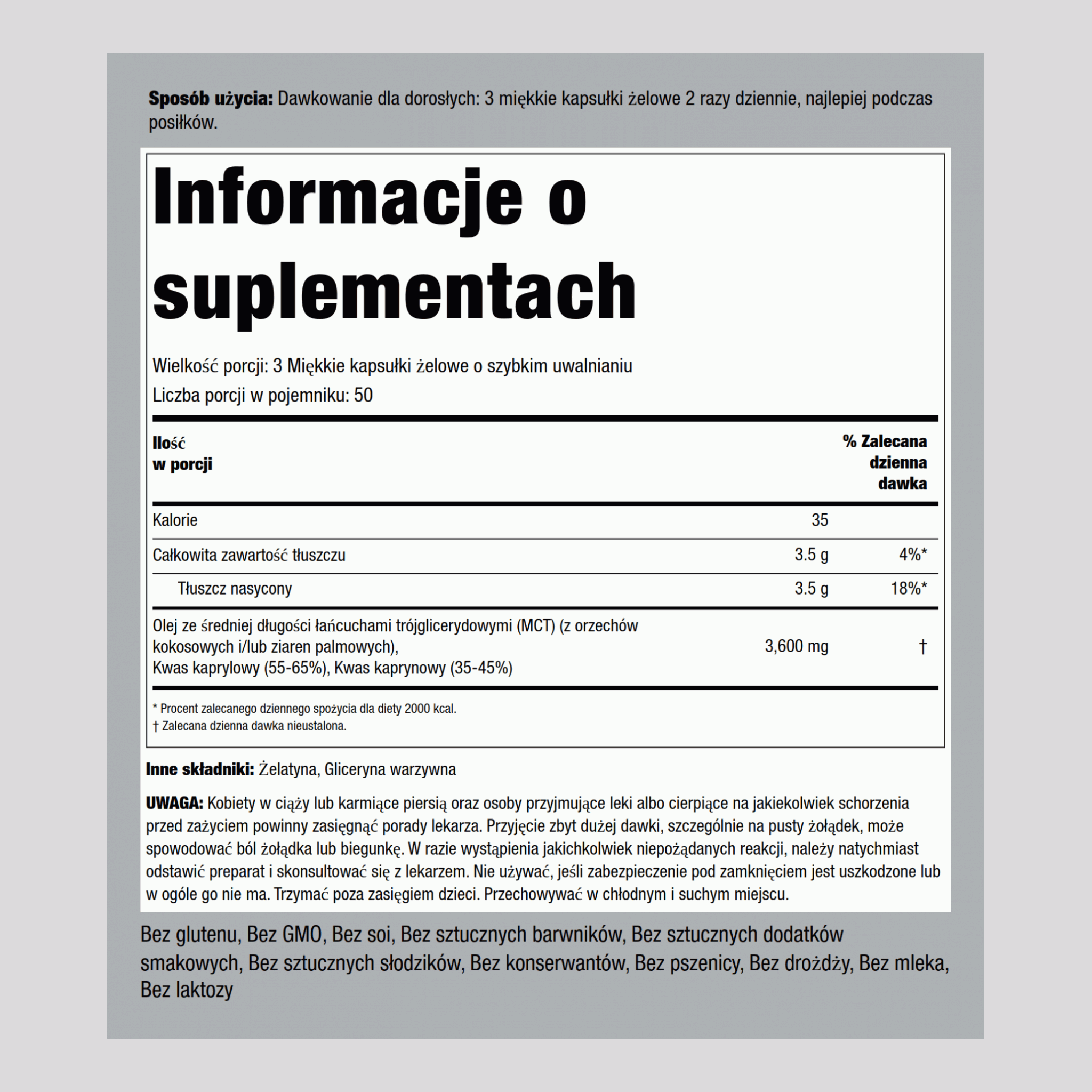 Olej MCT 3600 mg (na porcję) 150 Miękkie kapsułki żelowe o szybkim uwalnianiu     