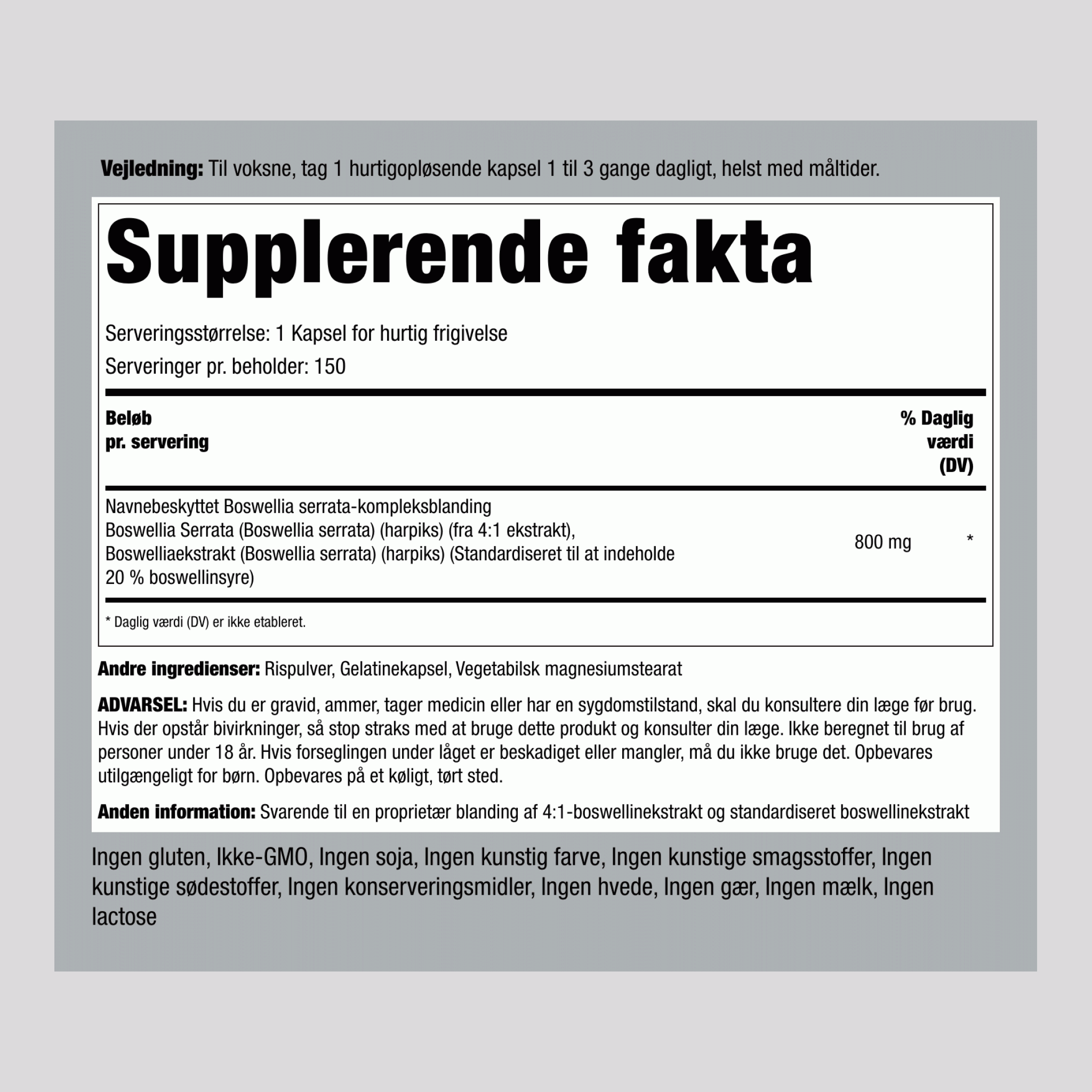 Standardiseret Boswellia Serrata Complex  800 mg 150 Kapsler for hurtig frigivelse     