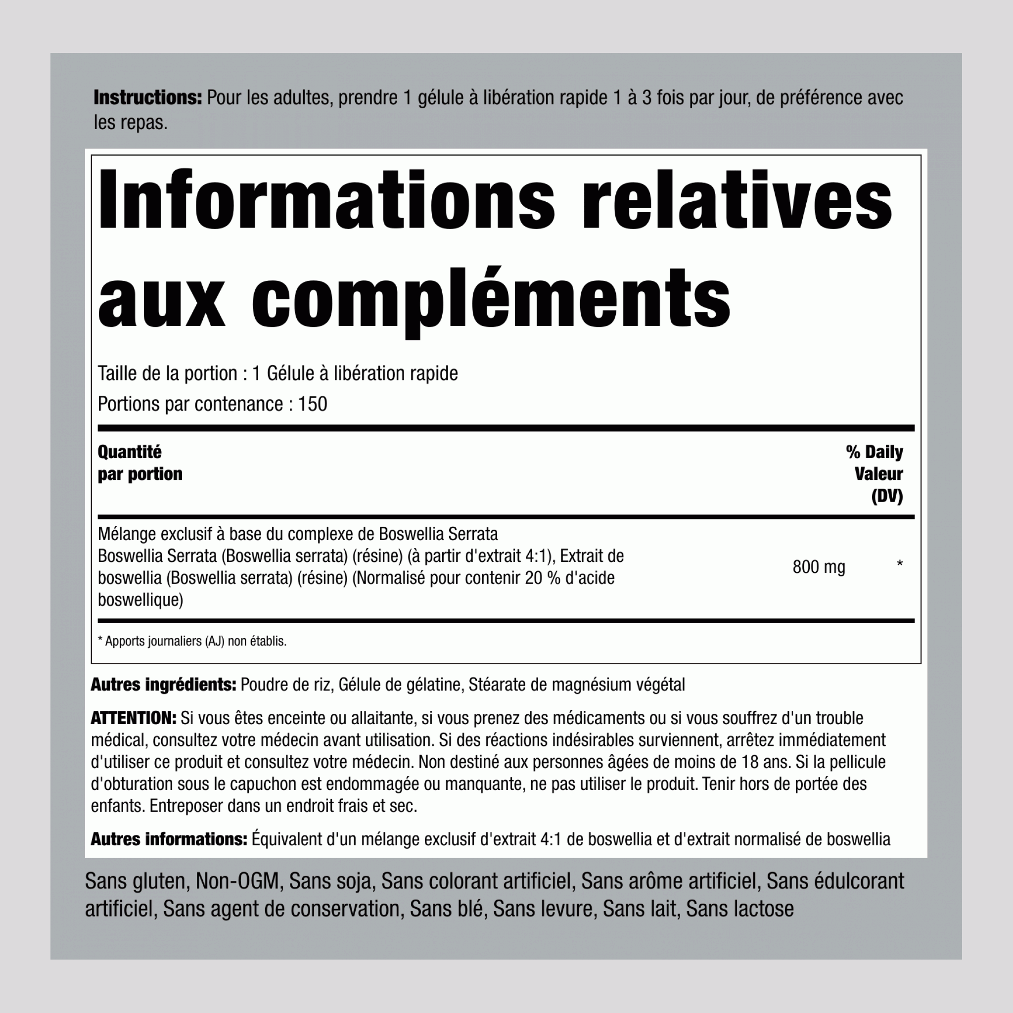 Complexe standard de Boswellia Serrata 800 mg 150 Gélules à libération rapide     