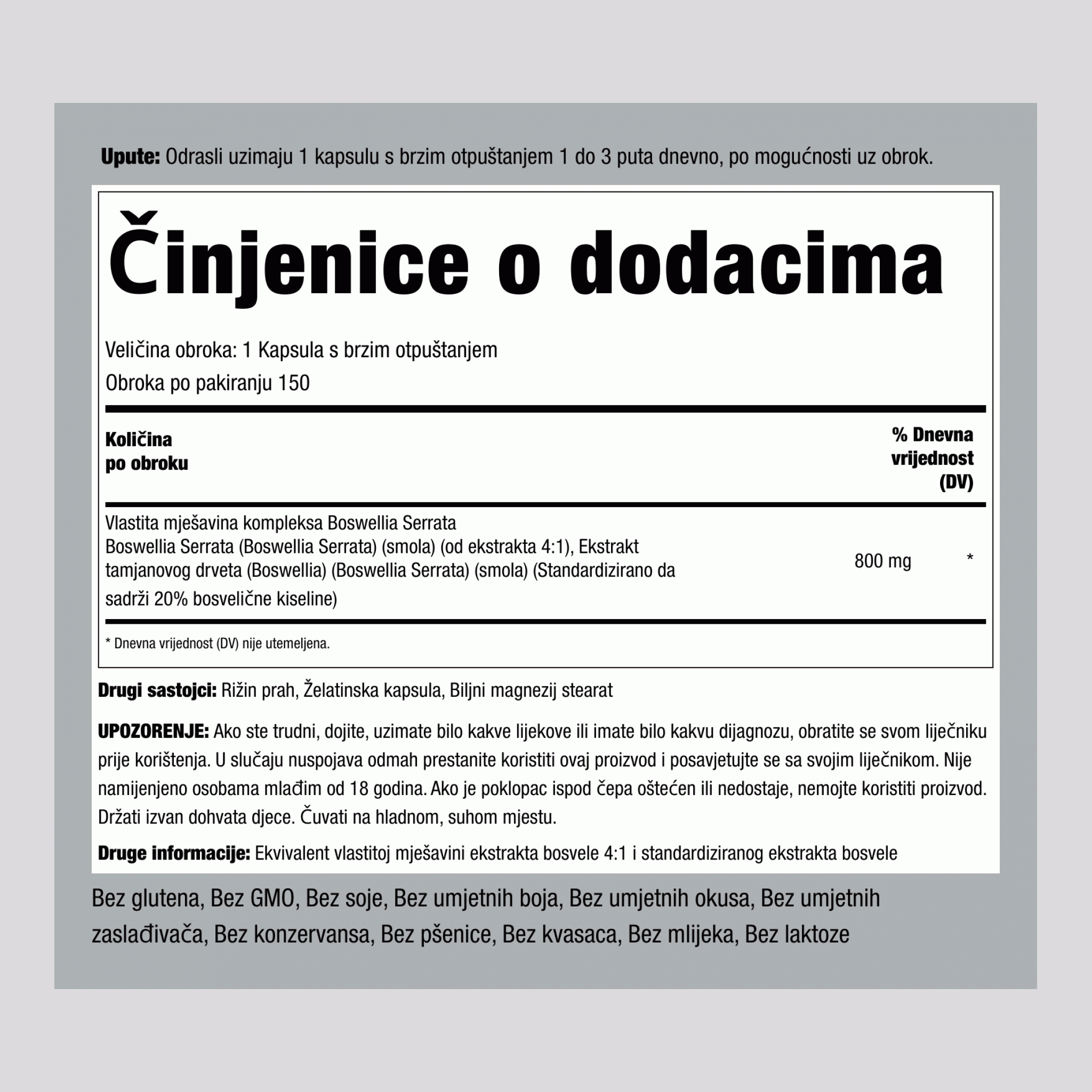 Boswellia Serrata standardizirani kompleks  800 mg 150 Kapsule s brzim otpuštanjem     