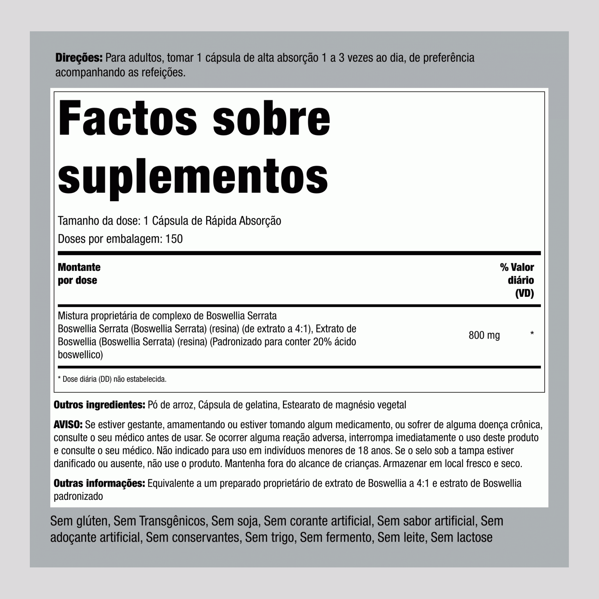 Complexo normalizado de Boswellia Serrata  800 mg 150 Cápsulas de Rápida Absorção     