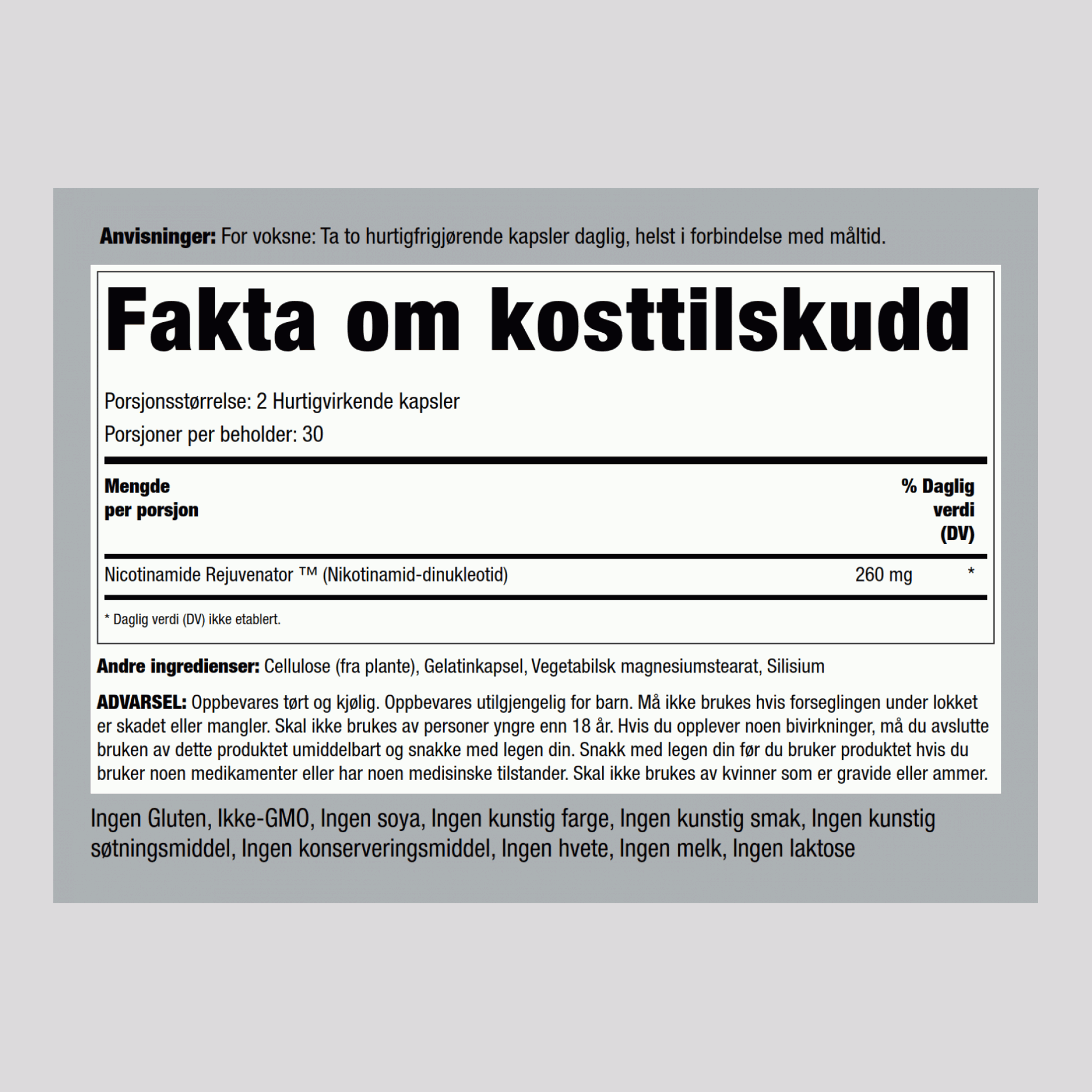 Nikotinamid-dinukleotid 260 mg (per dose) 60 Hurtigvirkende kapsler     