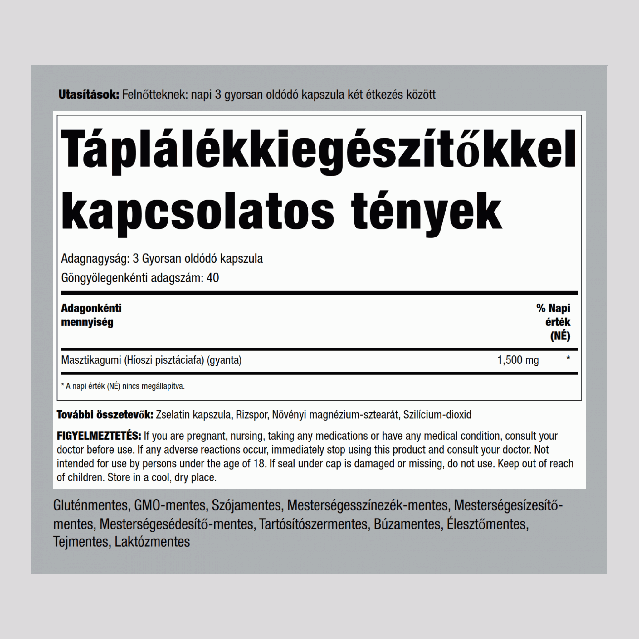 Masztikus gumi 1500 mg (adagonként) 100 Gyorsan oldódó kapszula 2 Palackok    