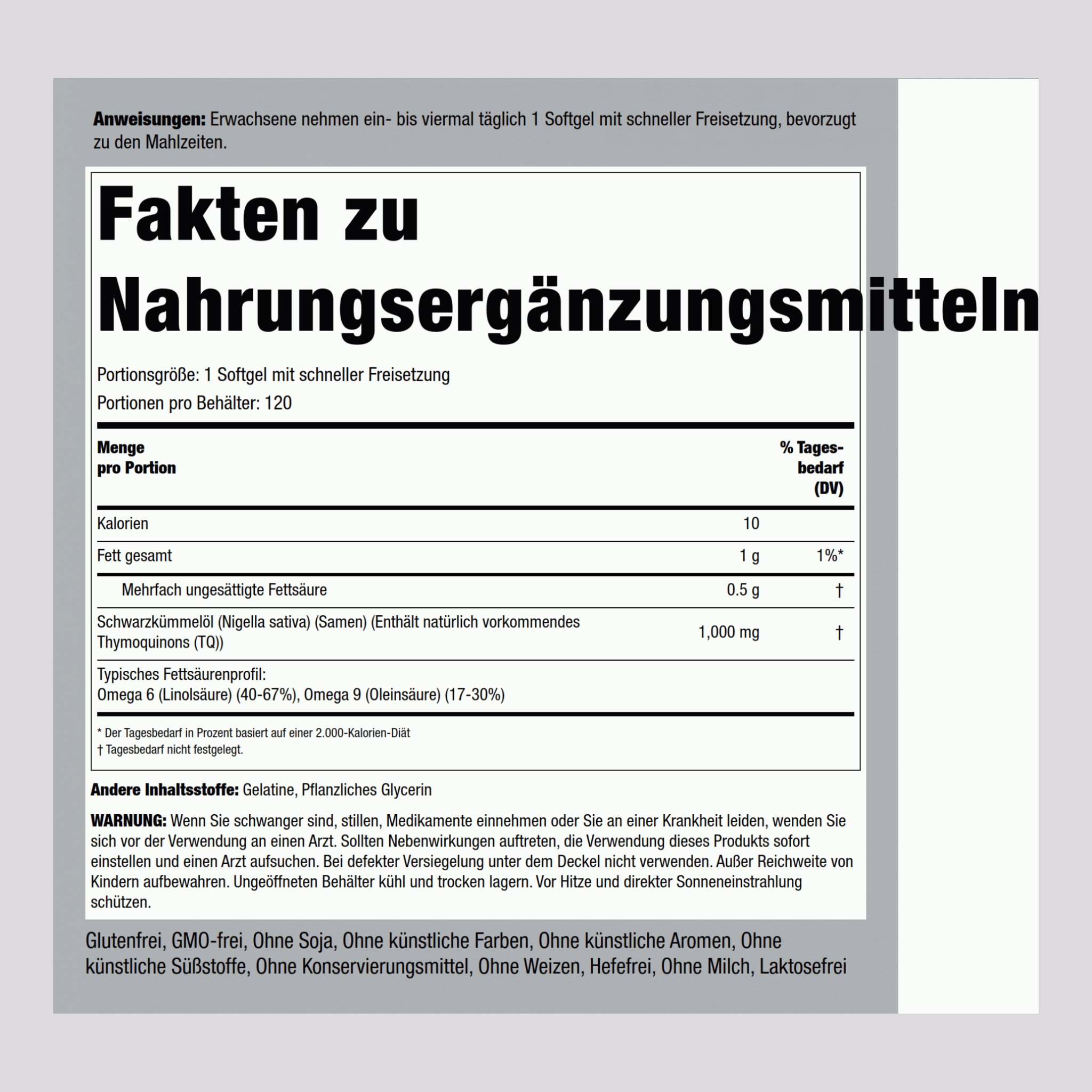 Schwarzkümmelöl 1000 mg 120 Softgele mit schneller Freisetzung     