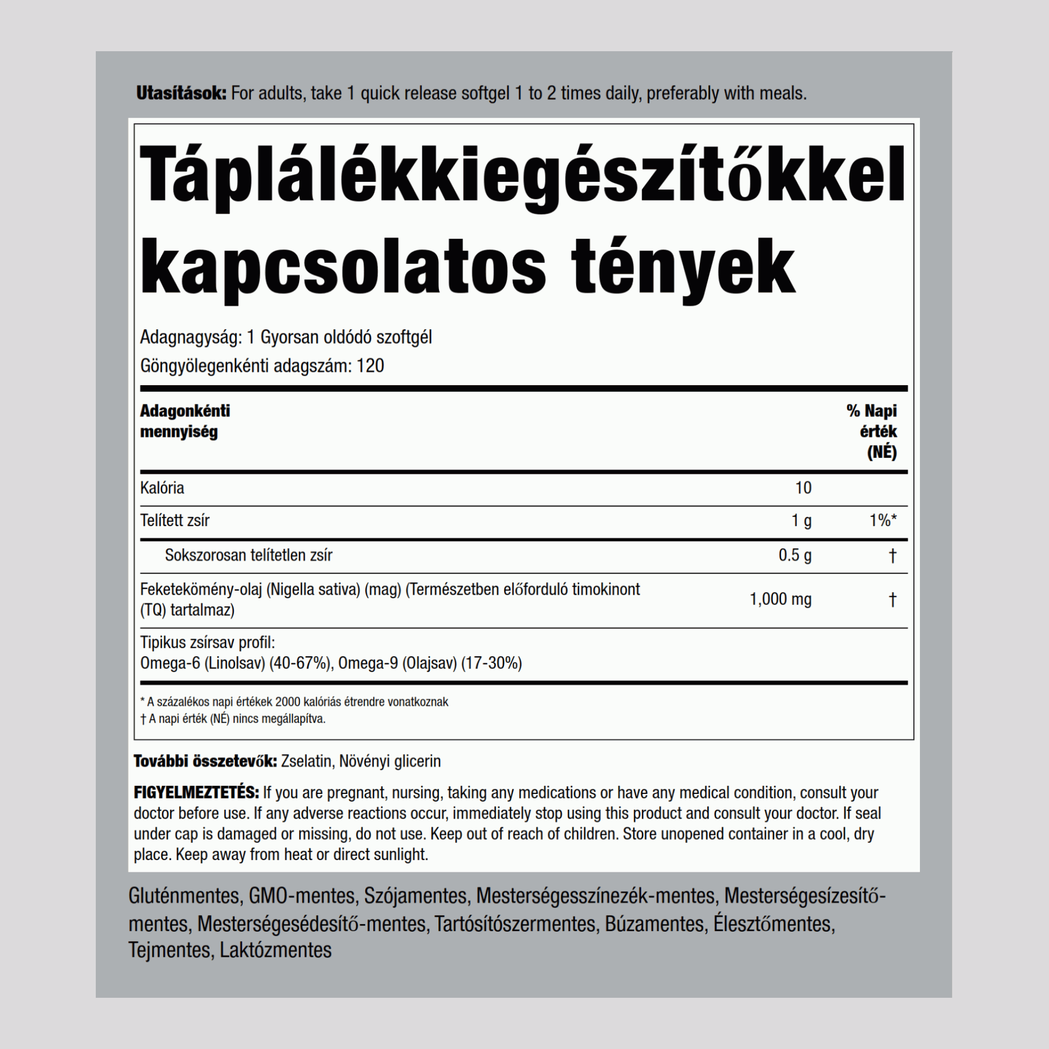 Feketekömény-olaj 1000 mg 120 Gyorsan oldódó szoftgél     