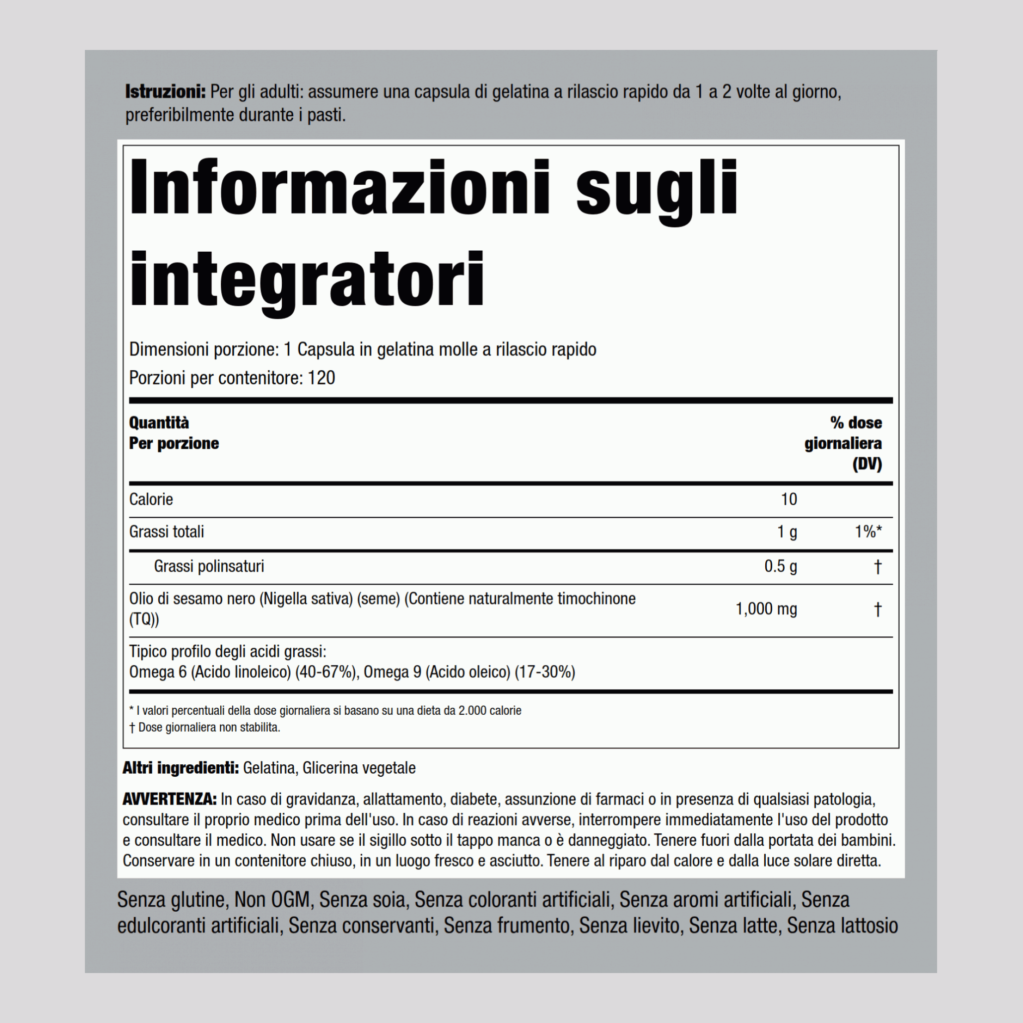 Olio di sesamo nero 1000 mg 120 Capsule in gelatina molle a rilascio rapido     