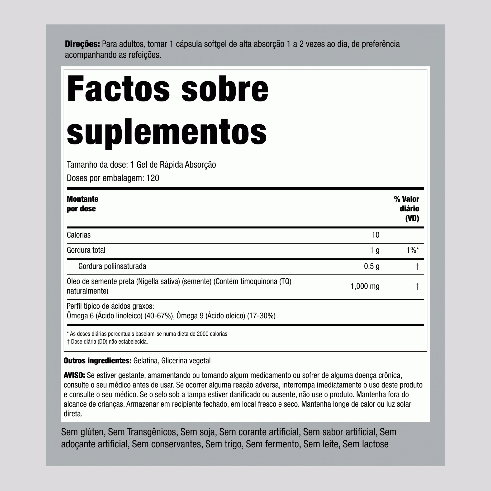 Óleo de semente preta,  1000 mg 120 Gels de Rápida Absorção 2 Frascos