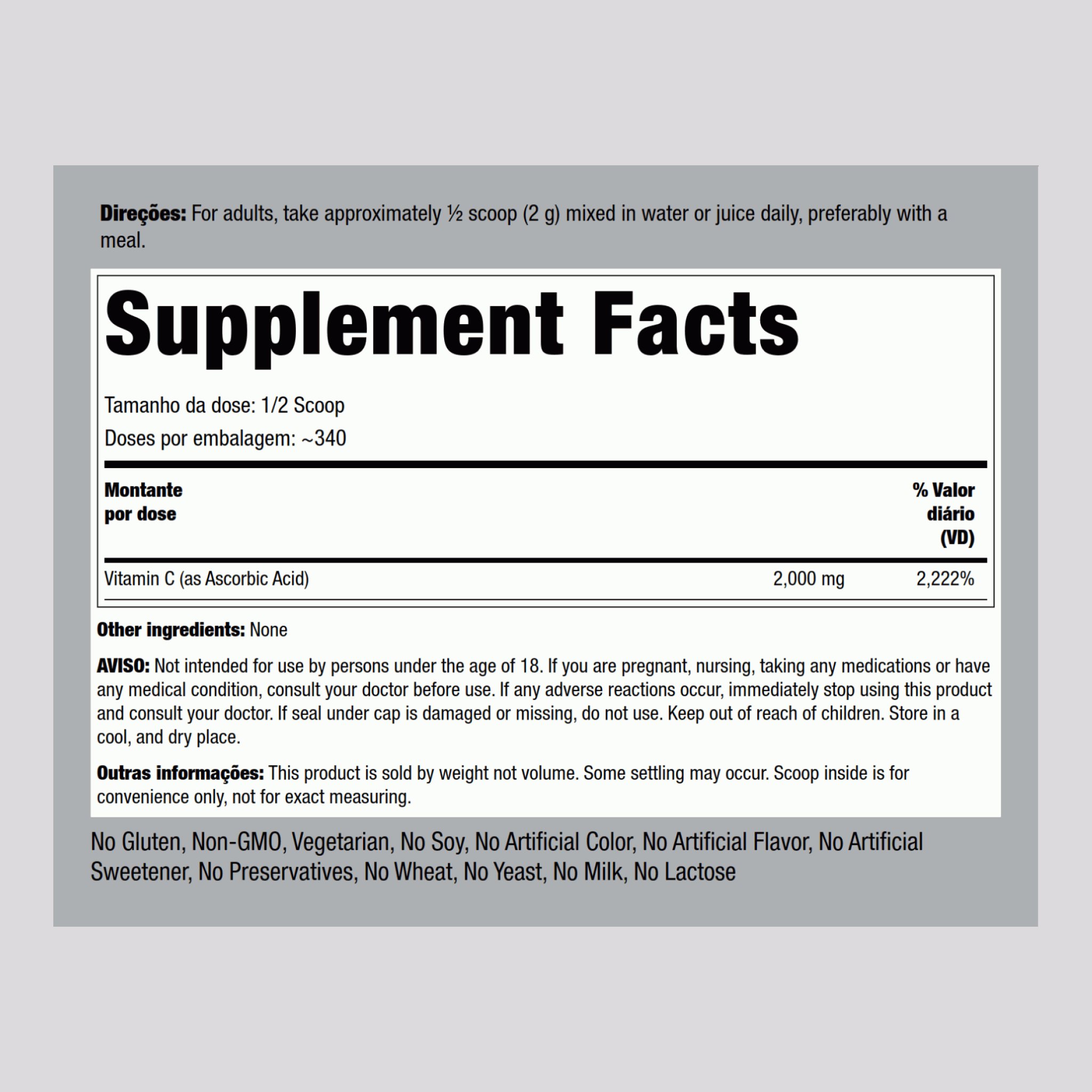 Vitamina C pura em pó 2000 mg (por dose) 24 oz 680 g Frasco