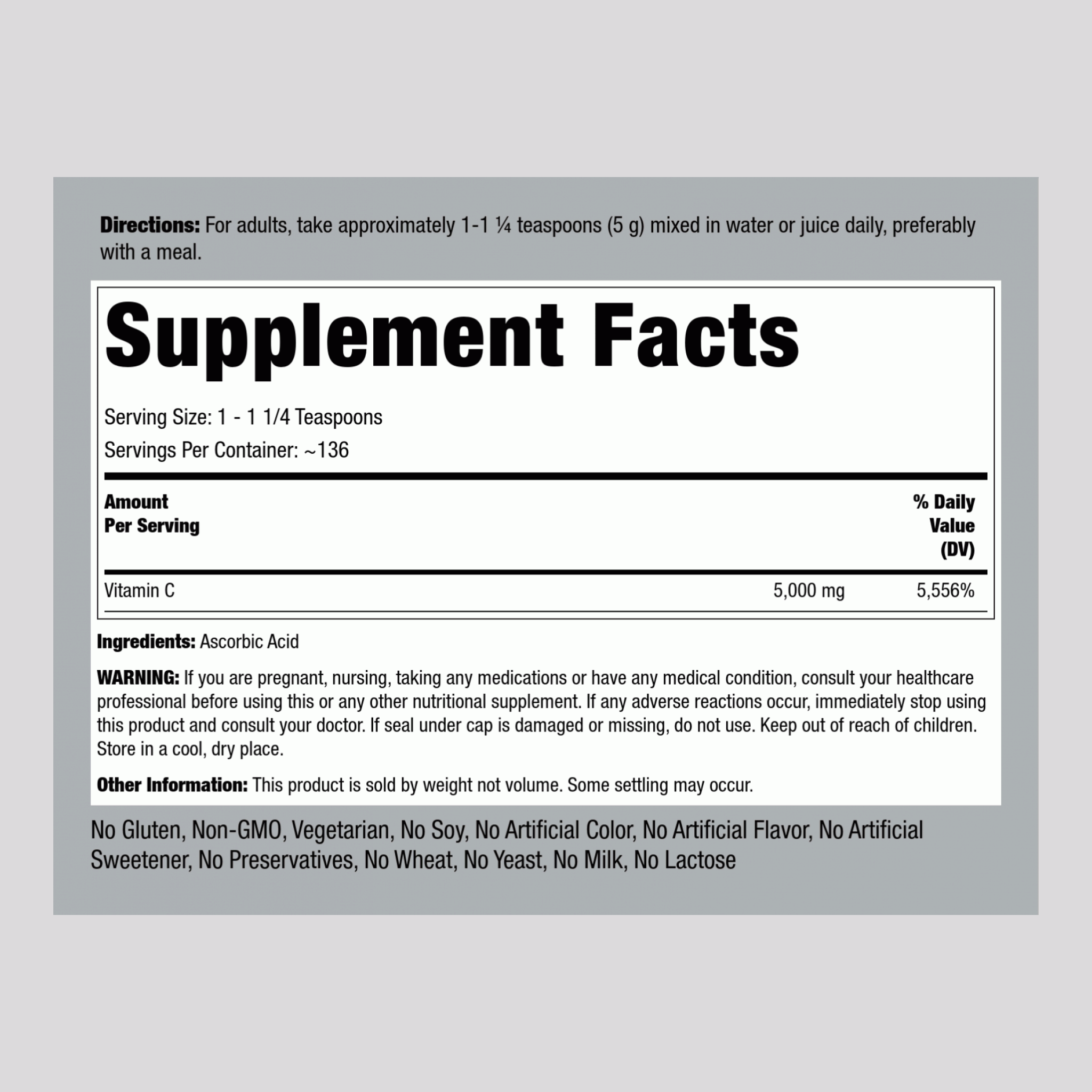 Vitamin C  Powder, 5000 mg (per serving), 24 oz (680 g) Bottle