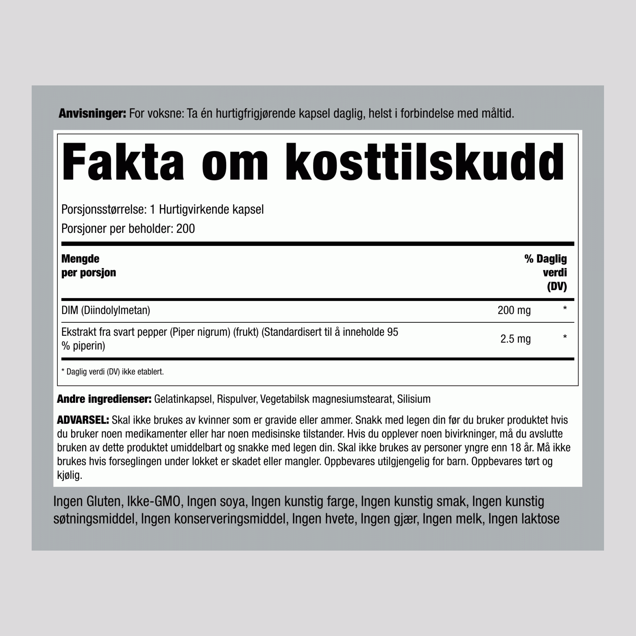 DIM (diindolylmethane) 200 mg 200 Hurtigvirkende kapsler     