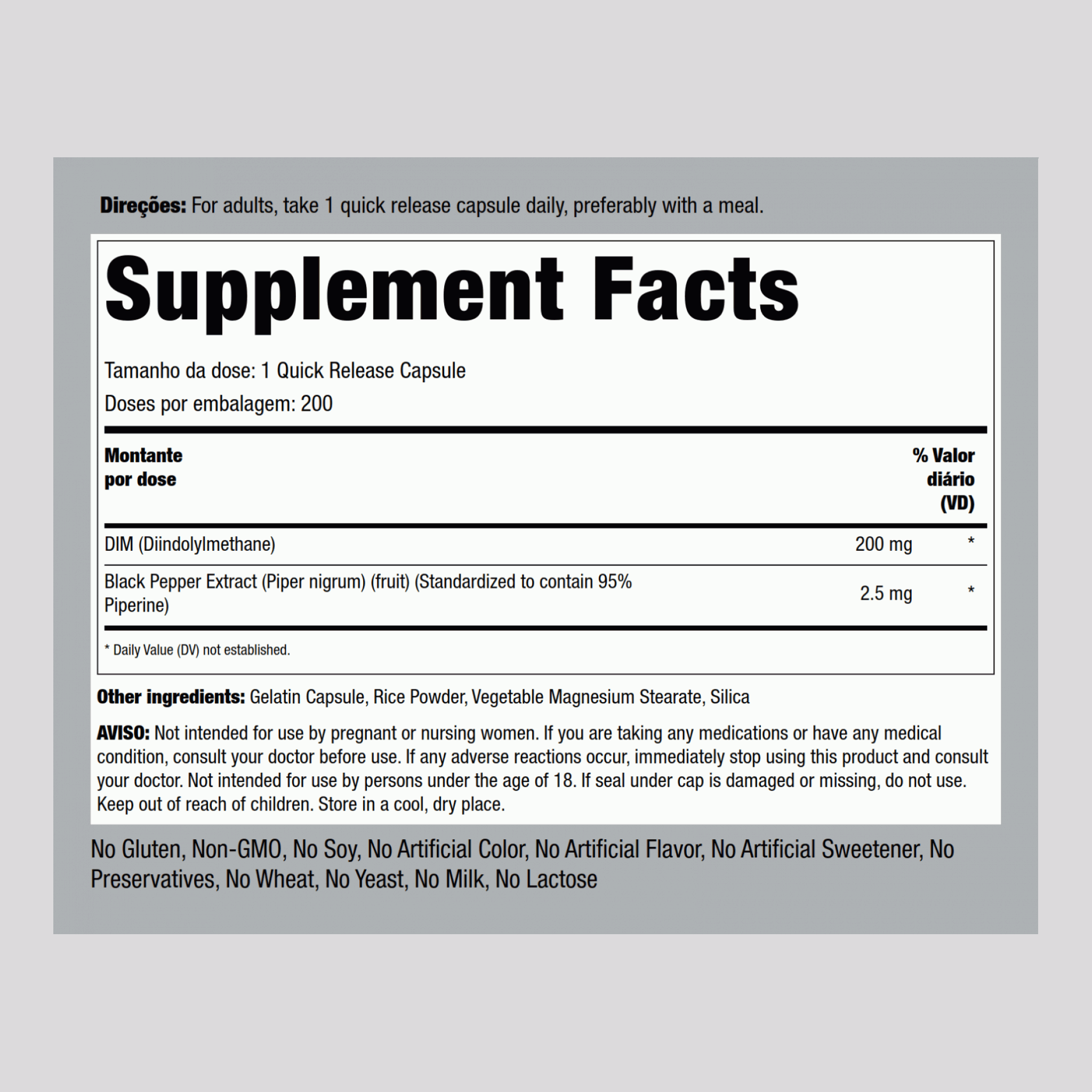 DIM (diindolylmethane) 200 mg 200 Cápsulas de Rápida Absorção     