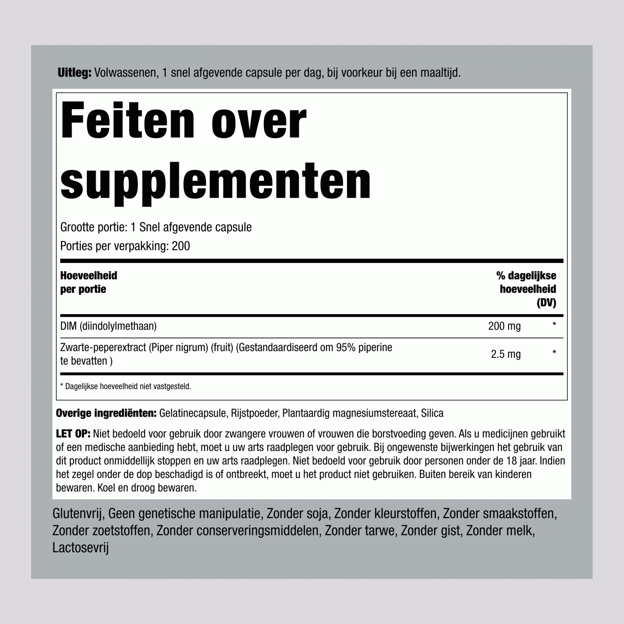 DIM (diindolylmethane),  200 mg 200 Snel afgevende capsules 2 Flessen