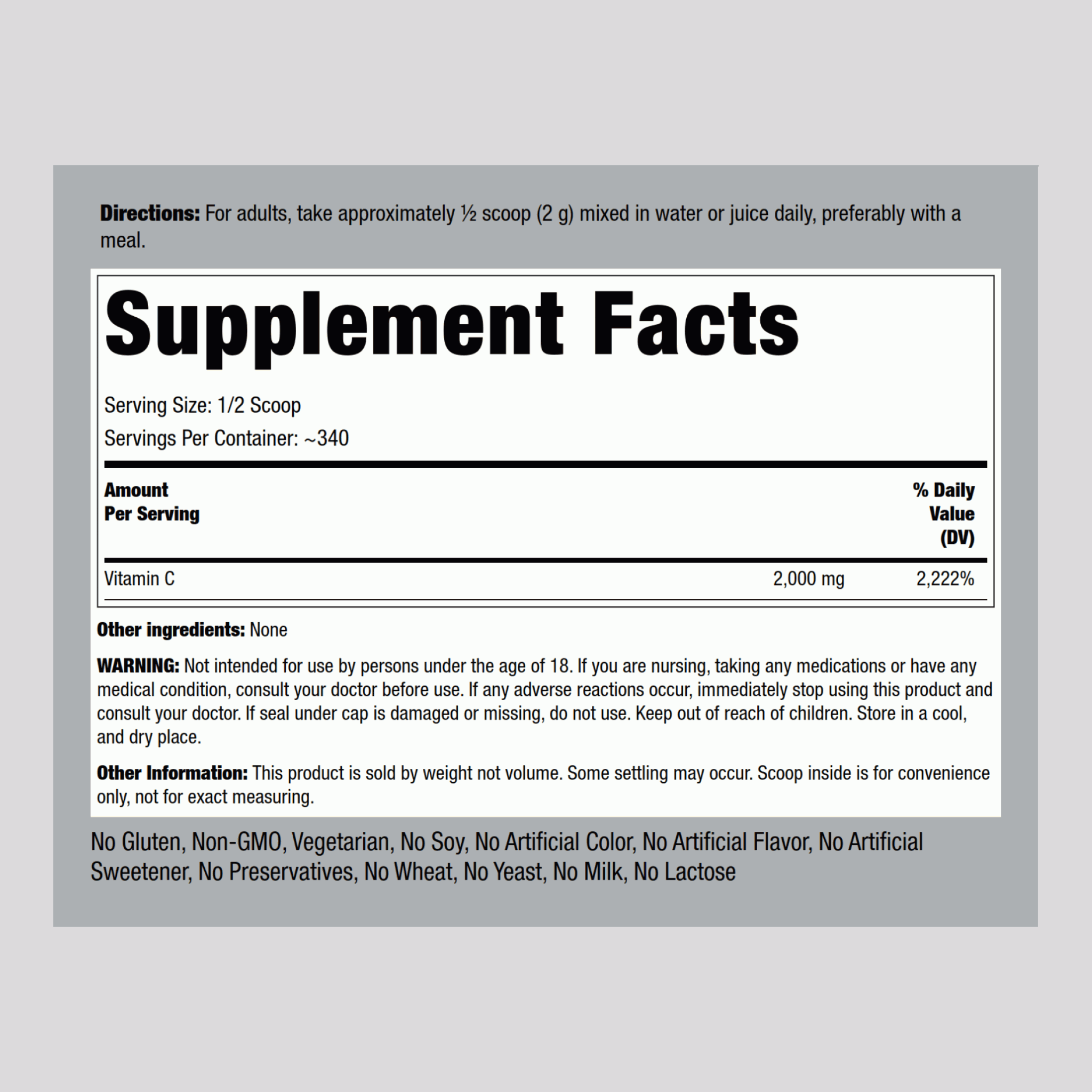 Vitamin C Powder, 2000 mg (per serving), 24 oz (680 g) Bottles, 2  Bottles