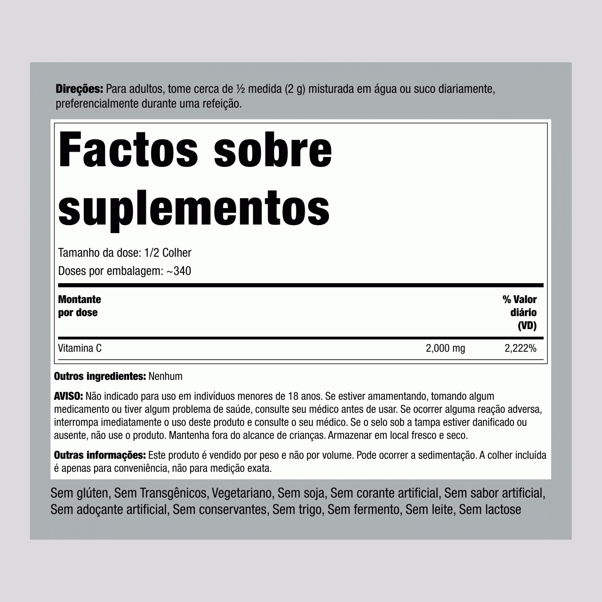 Vitamina C pura em pó 2000 mg (por dose) 24 oz 680 g Frascos 2 Frascos