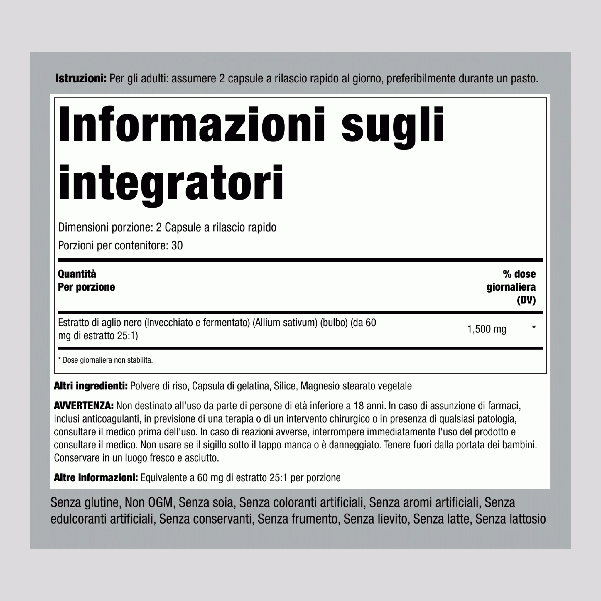 Aglio nero,  1500 mg (per dose) 60 Capsule a rilascio rapido 2 Bottiglie