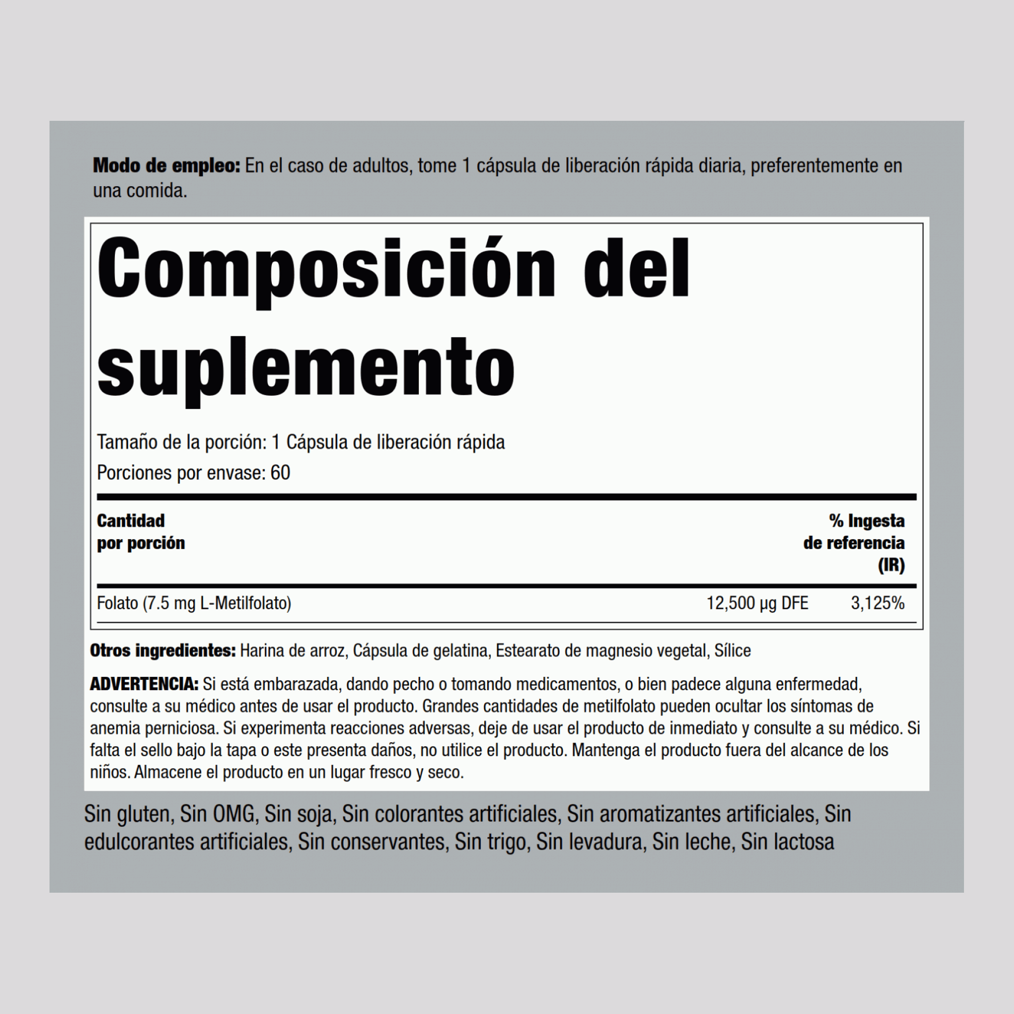 Comprimidos de L-metilfolato, 1000 mcg 7.5 mg 60 Cápsulas de liberación rápida     