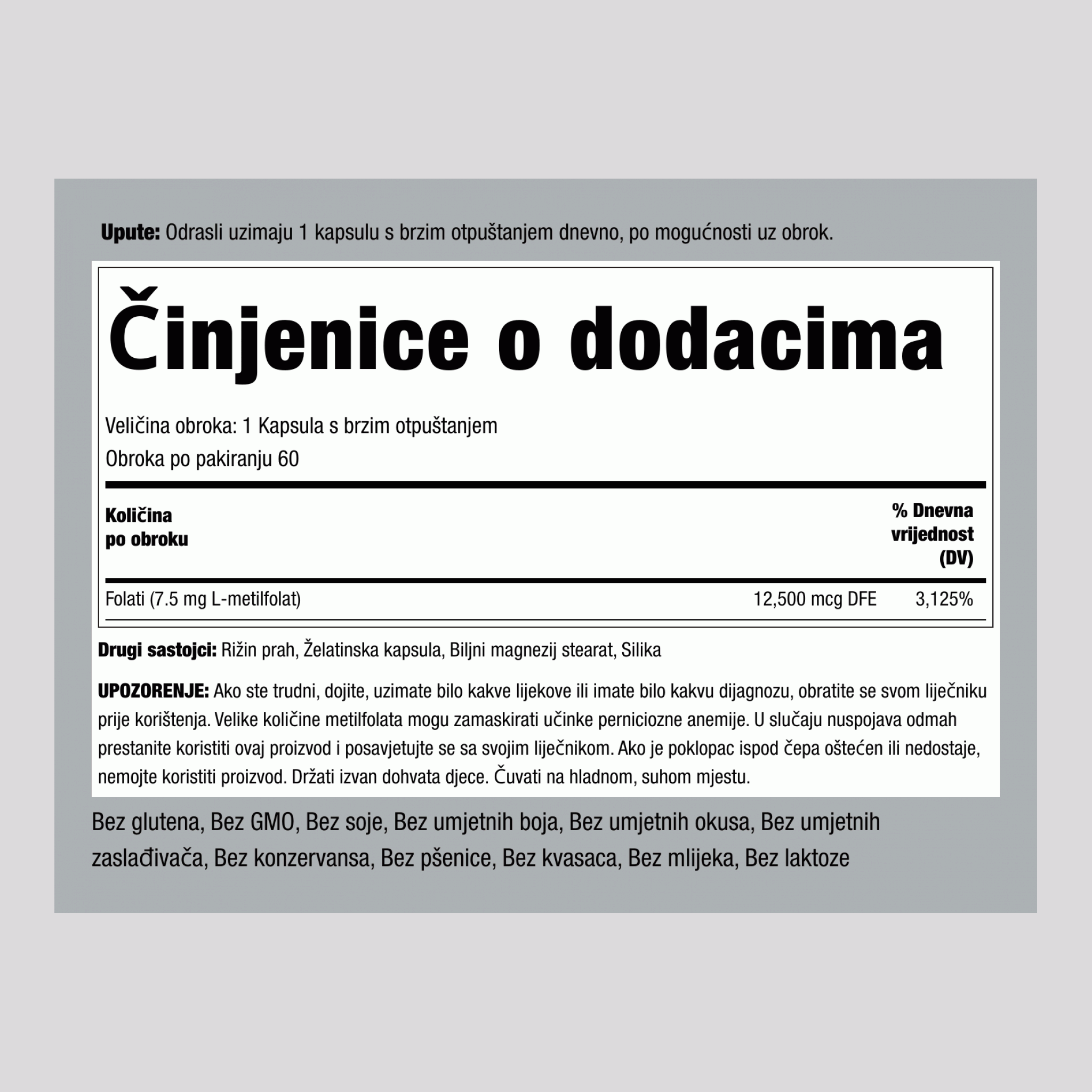 L-metilfolati 1000 mcg tablete,  7.5 mg 60 Kapsule s brzim otpuštanjem 2 Boce