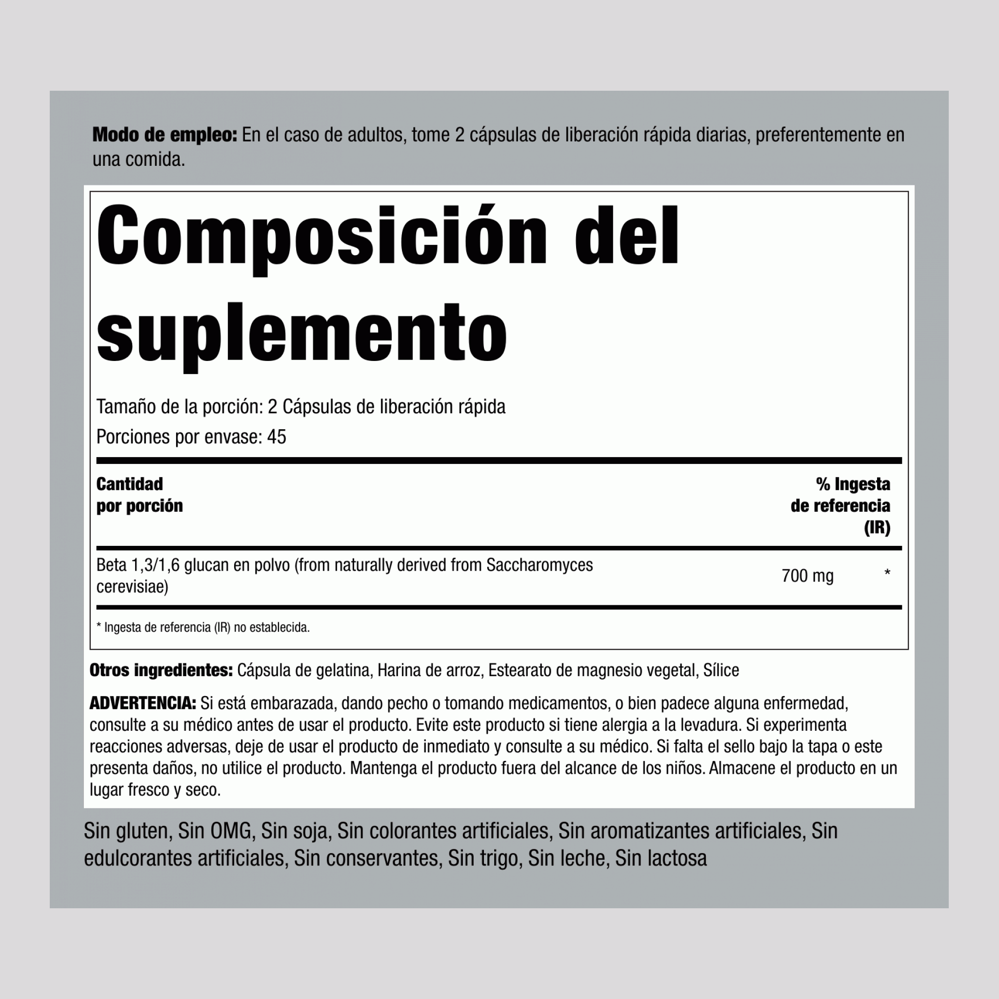 Beta 1,3/1,6-D-Glucano, 700 mg (por porción), 90 Cápsulas de Liberación Rápida