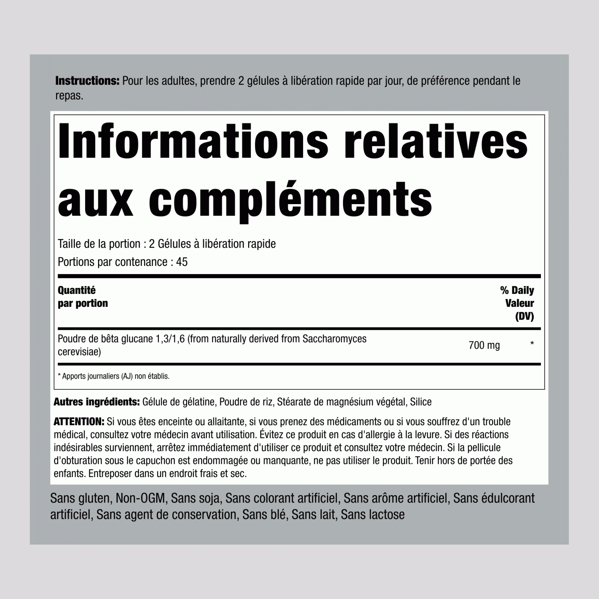 Bêta 1,3/1,6-D-Glucane, 700 mg (par portion), 90 capsules à libération rapide