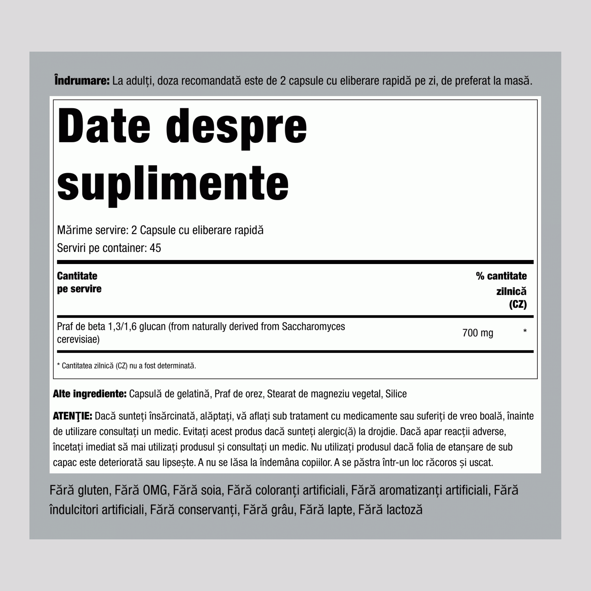 Beta 1,3/1,6-D-Glucan, 700 mg (per porție), 90 Capsule cu Eliberare Rapidă