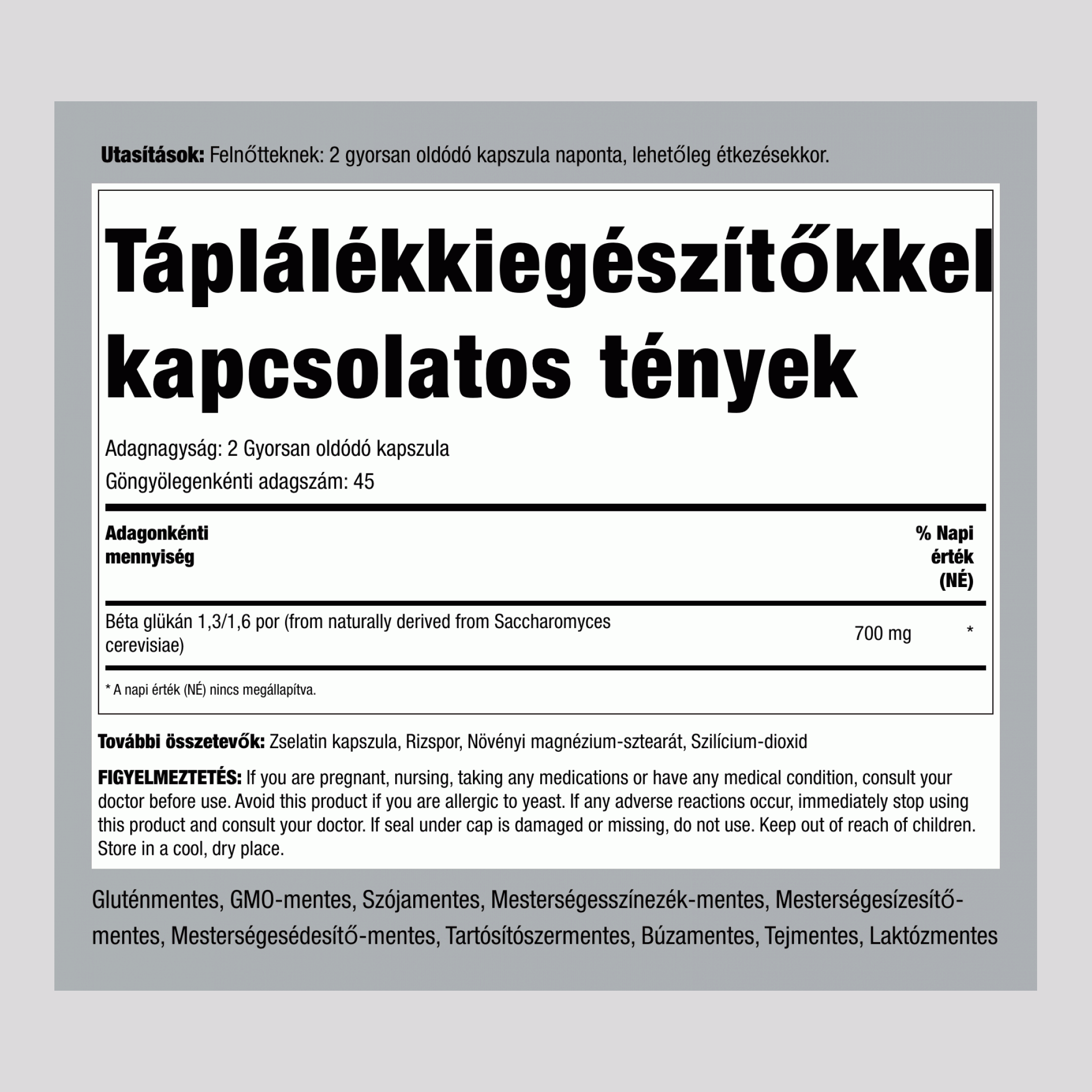 Béta-1,3/1,6-D-glükán, 700 mg (adagonként), 90 gyorsfelszabadító kapszula, 2 üveg