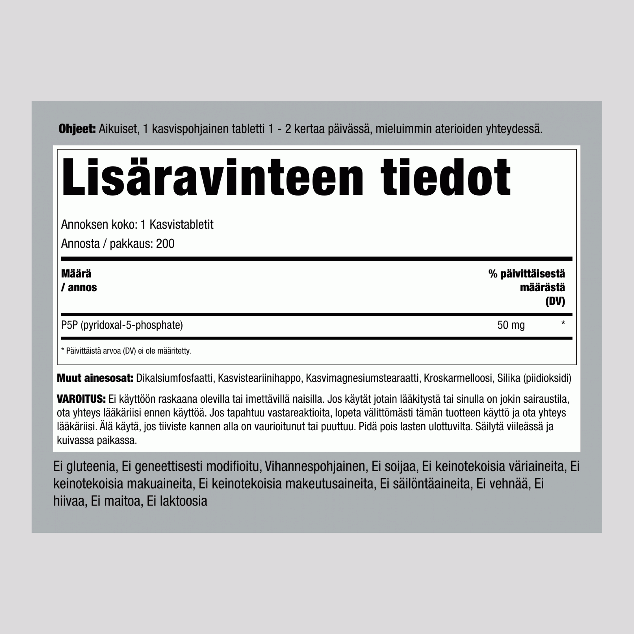 P5P (pyridoksaalifosfaatti) koentsyymi-B6-vitamiini 50 mg 200 Tabletit     