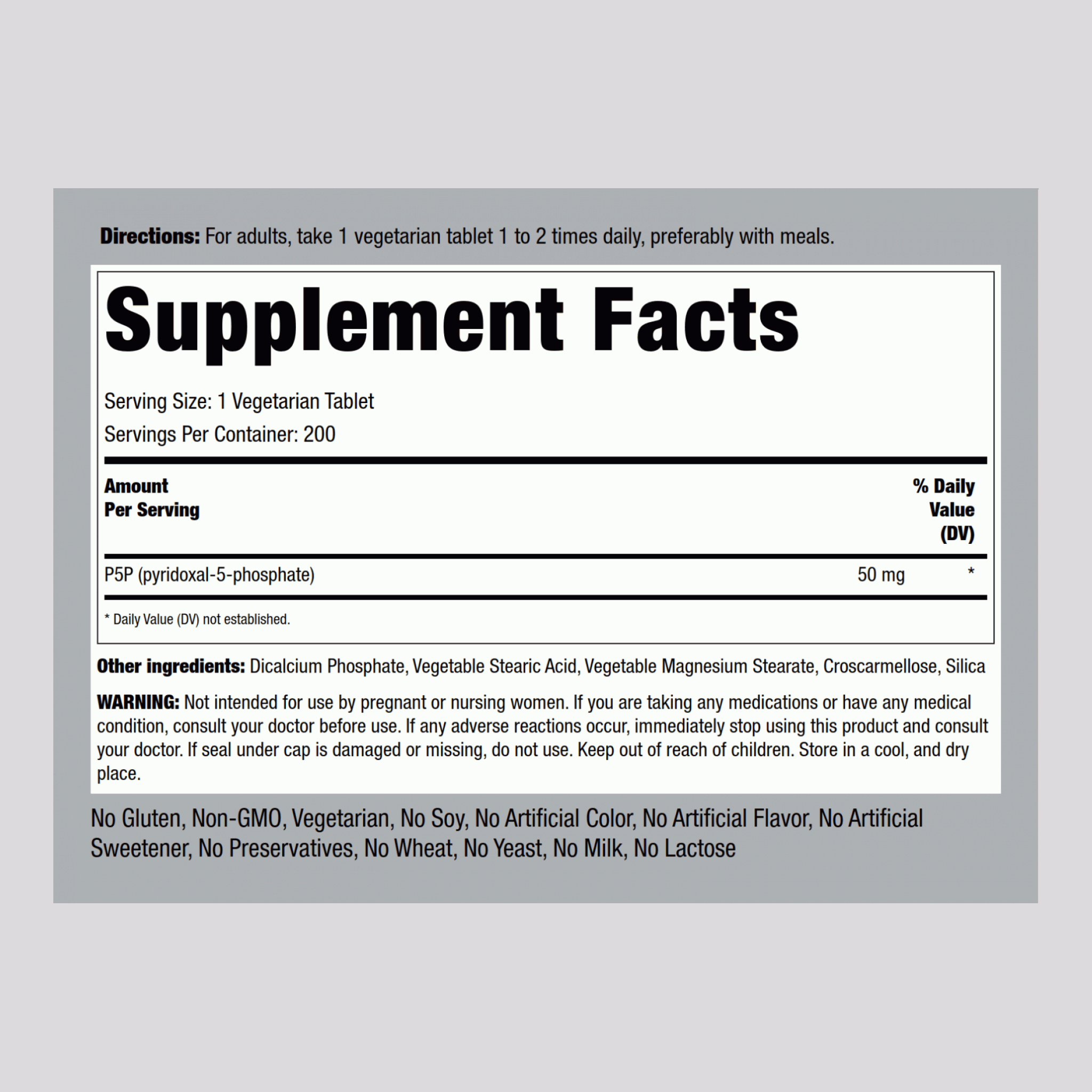 P-5- (5-Phosphate Pyridoxal) VitaminB-6 coenzymatée,  50 mg 200 Comprimés 2 Bouteilles