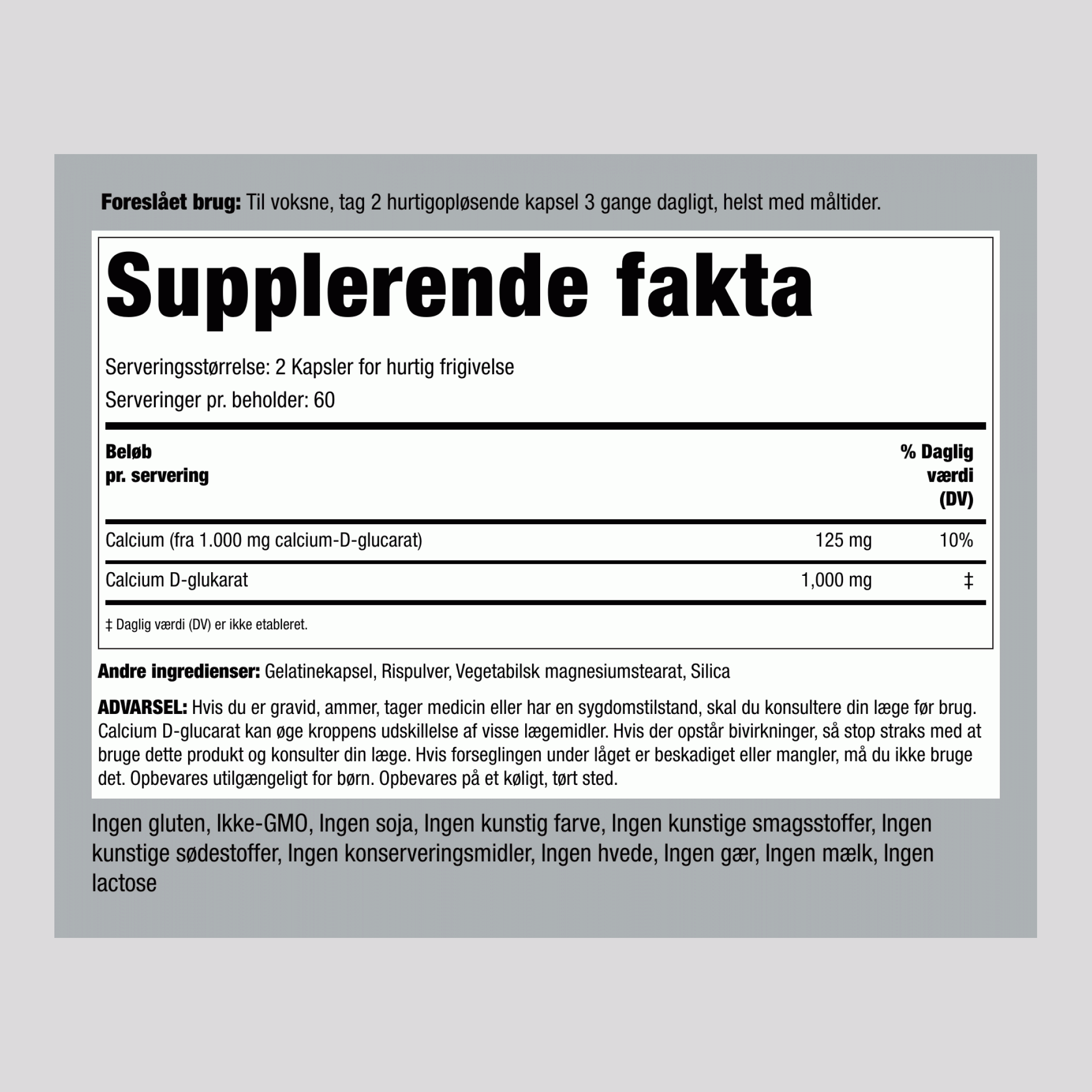 Kalcium D-glukarat  1000 mg (pr. dosering) 120 Kapsler for hurtig frigivelse     
