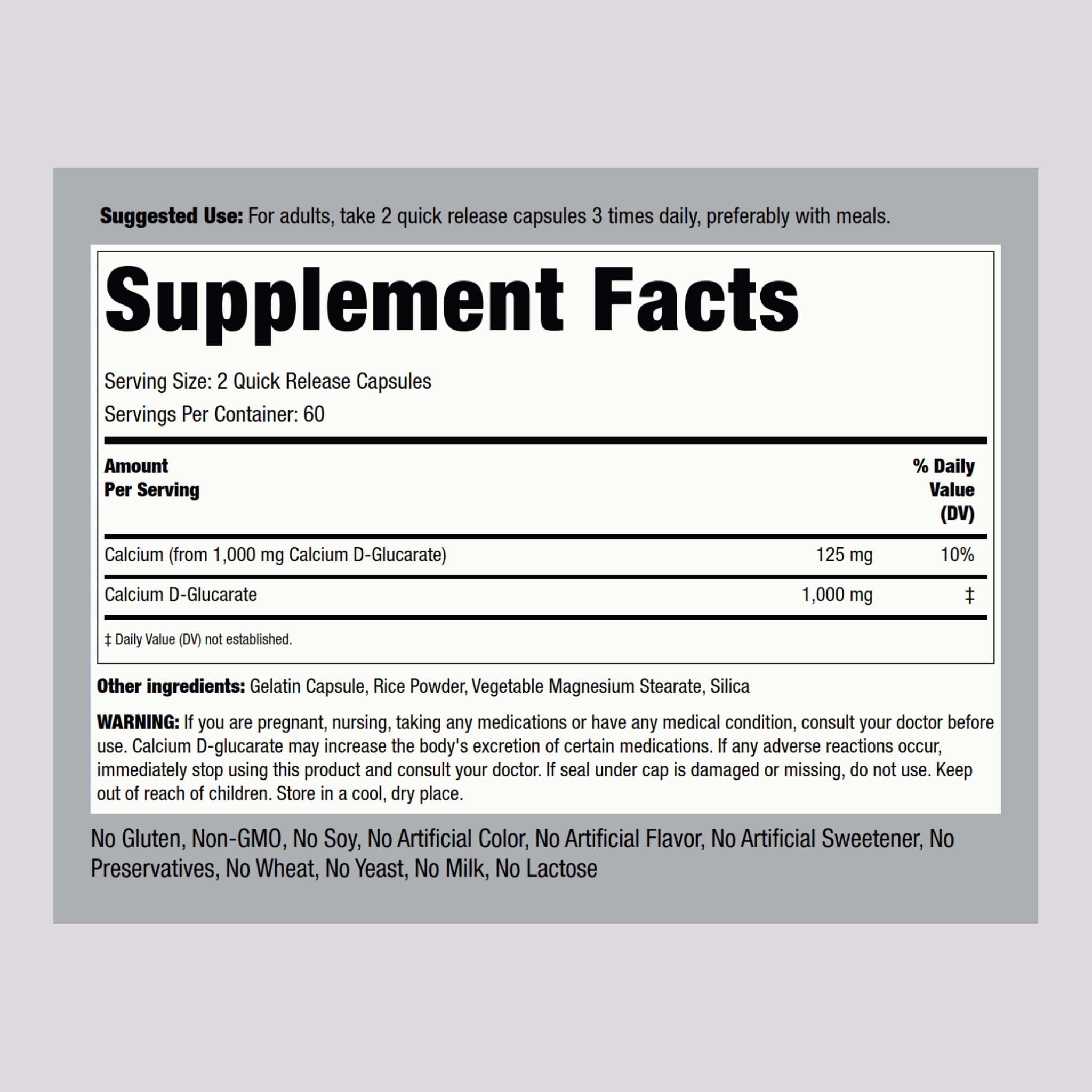 Calcium D-Glucarate, 1000 mg (per serving), 120 Quick Release Capsules, 2  Bottles