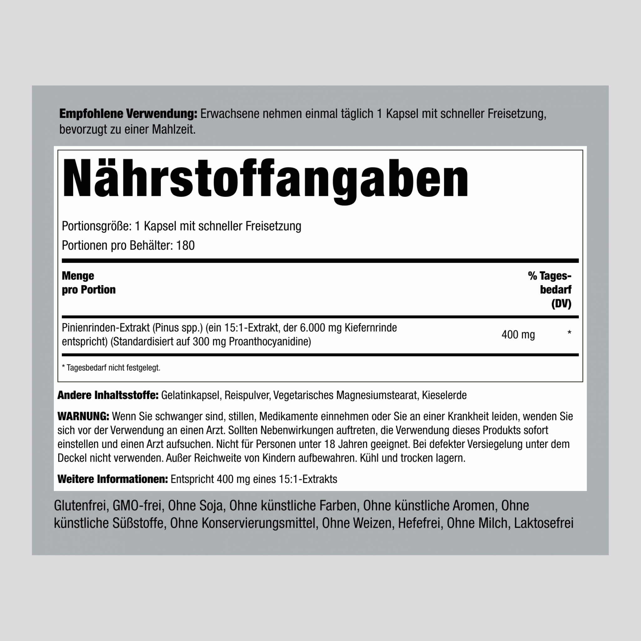 Pinienrindenextrakt ,  6000 mg 180 Kapseln mit schneller Freisetzung 2 Flaschen