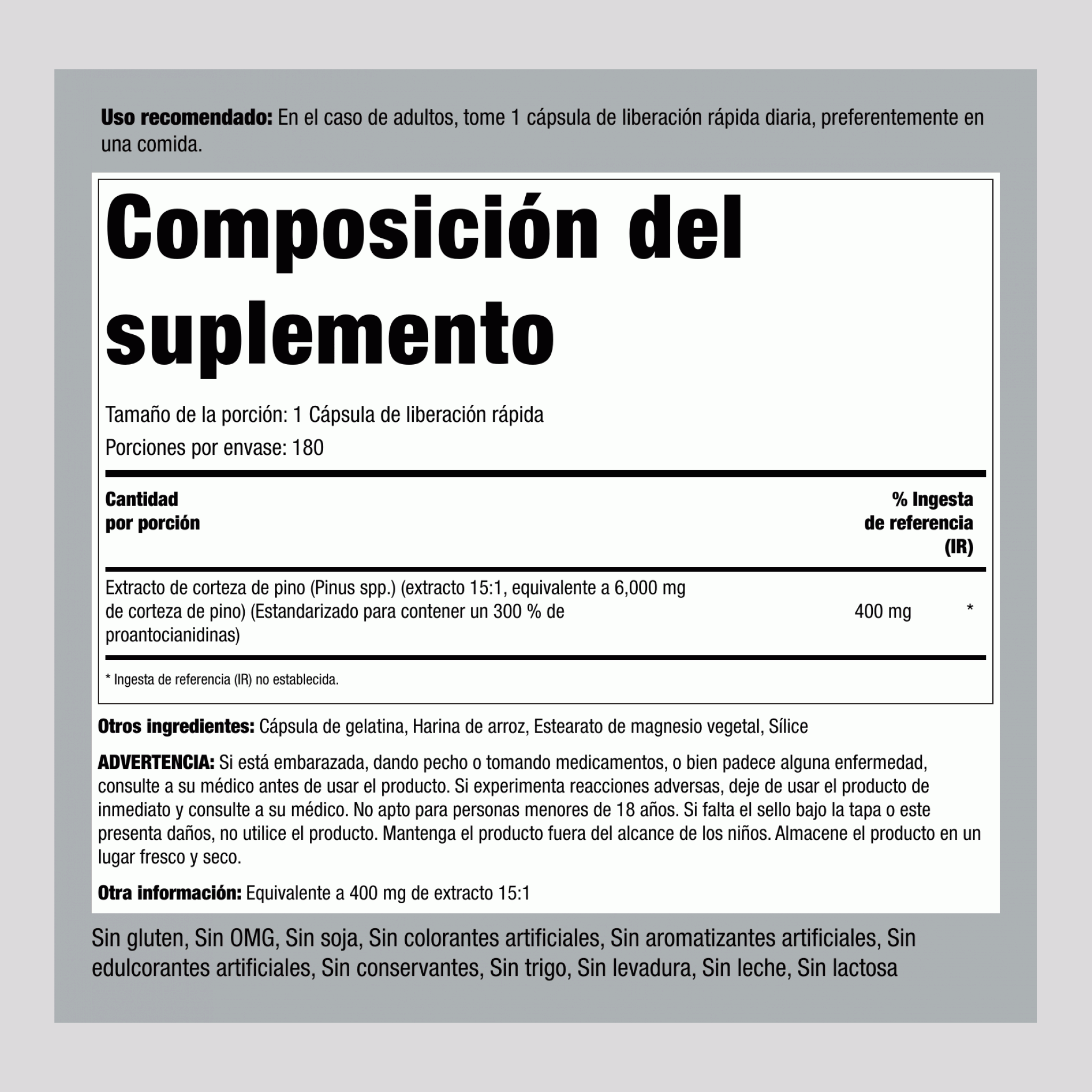 Extracto de corteza de pino ,  6000 mg 180 Cápsulas de liberación rápida 2 Botellas/Frascos