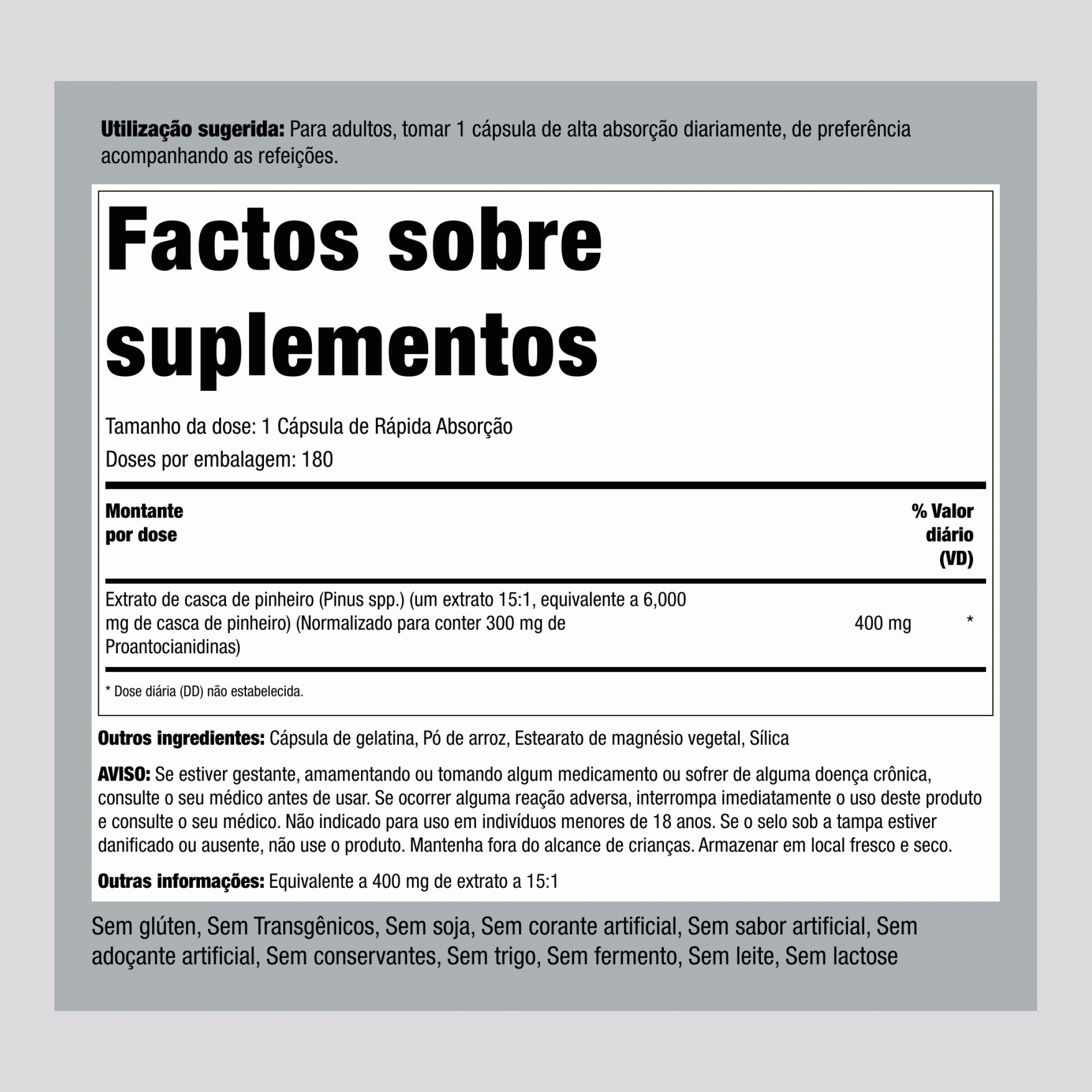 Extrato de casca de pinheiro ,  6000 mg 180 Cápsulas de Rápida Absorção 2 Frascos