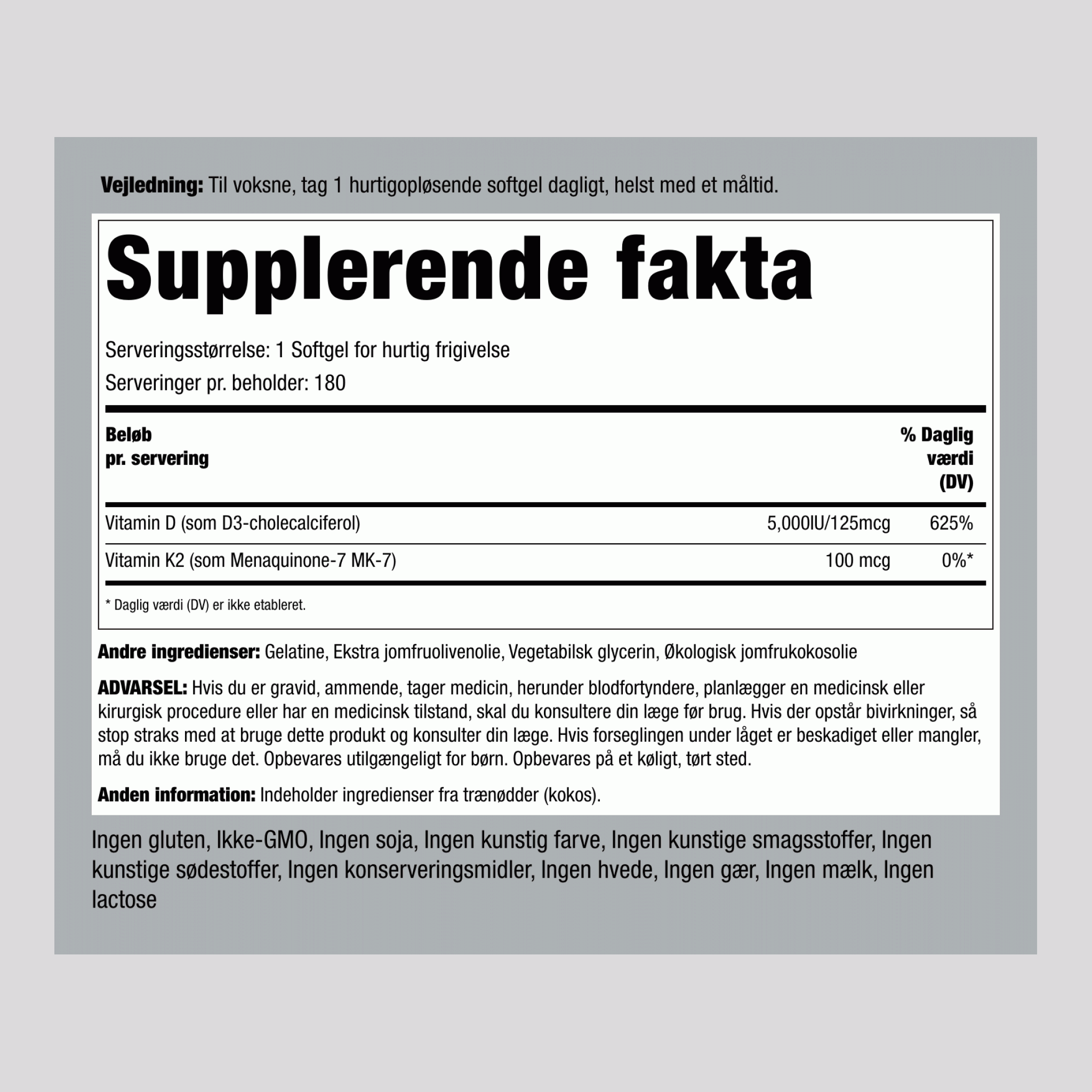 Vitamin K-2 Kompleks 100 mcg med D3, 180 Hurtigfrigivende Softgels