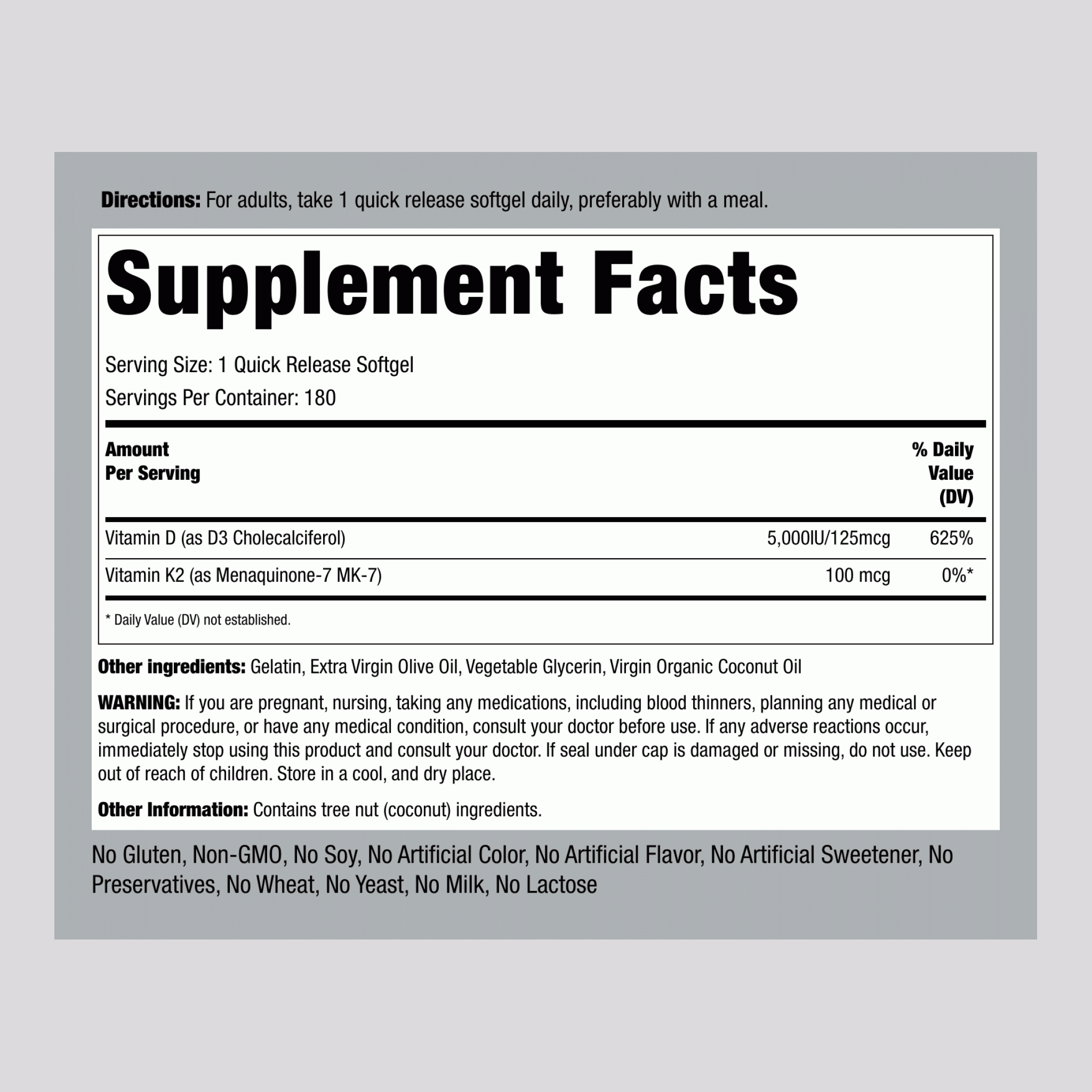 Vitamin K-2 Complex 100 mcg with D3, 180 Quick Release Softgels | PipingRock Health Products