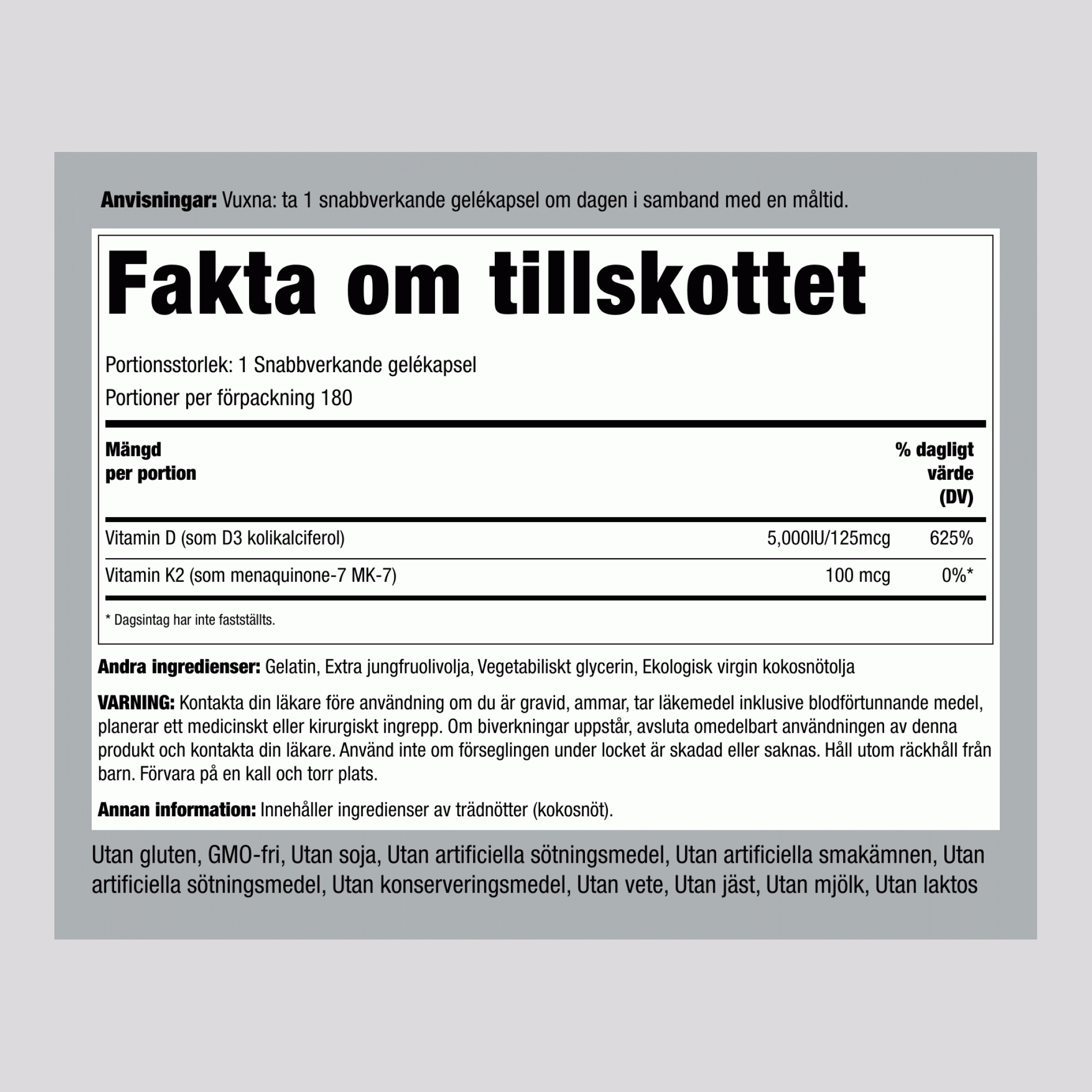 Vitamin K-2 Komplex 100 mcg med D3, 180 Snabbverkande Mjukgeler