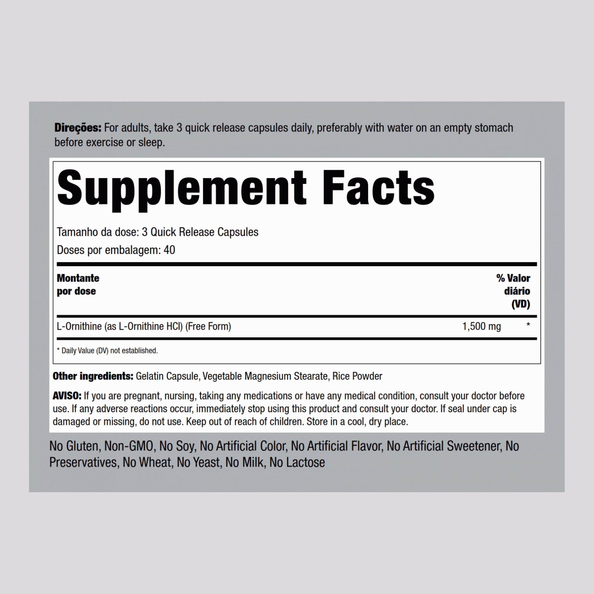 L-ornitina  1500 mg (por dose) 120 Cápsulas de Rápida Absorção     