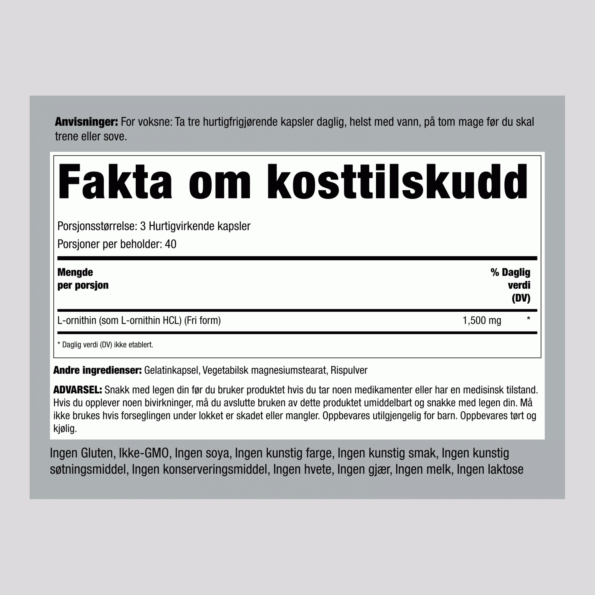 L-ornitin  1500 mg (per dose) 120 Hurtigvirkende kapsler 2 Flasker   