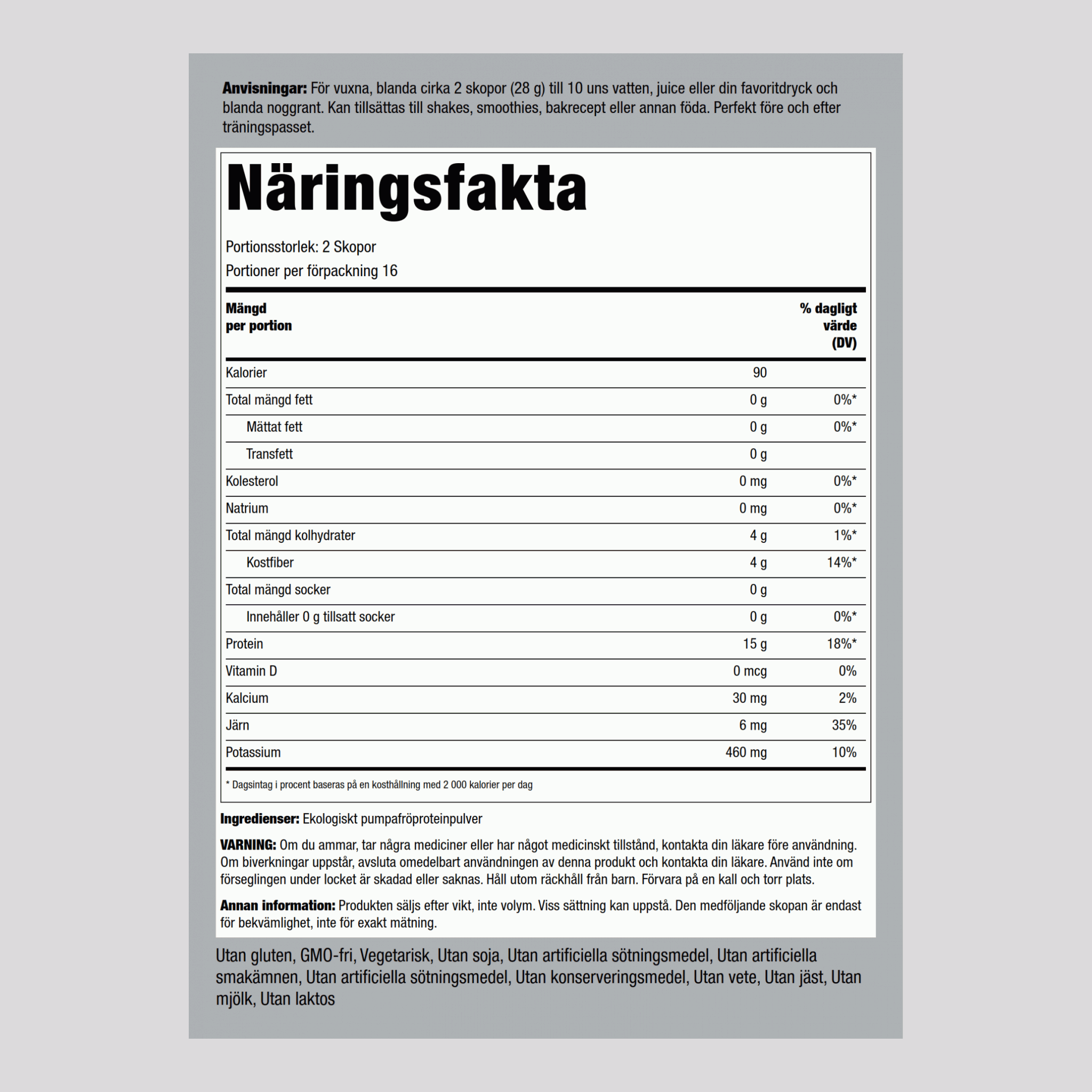 Pumpafrö-proteinpulver (ekologiskt) 16 oz 454 g Flaska    