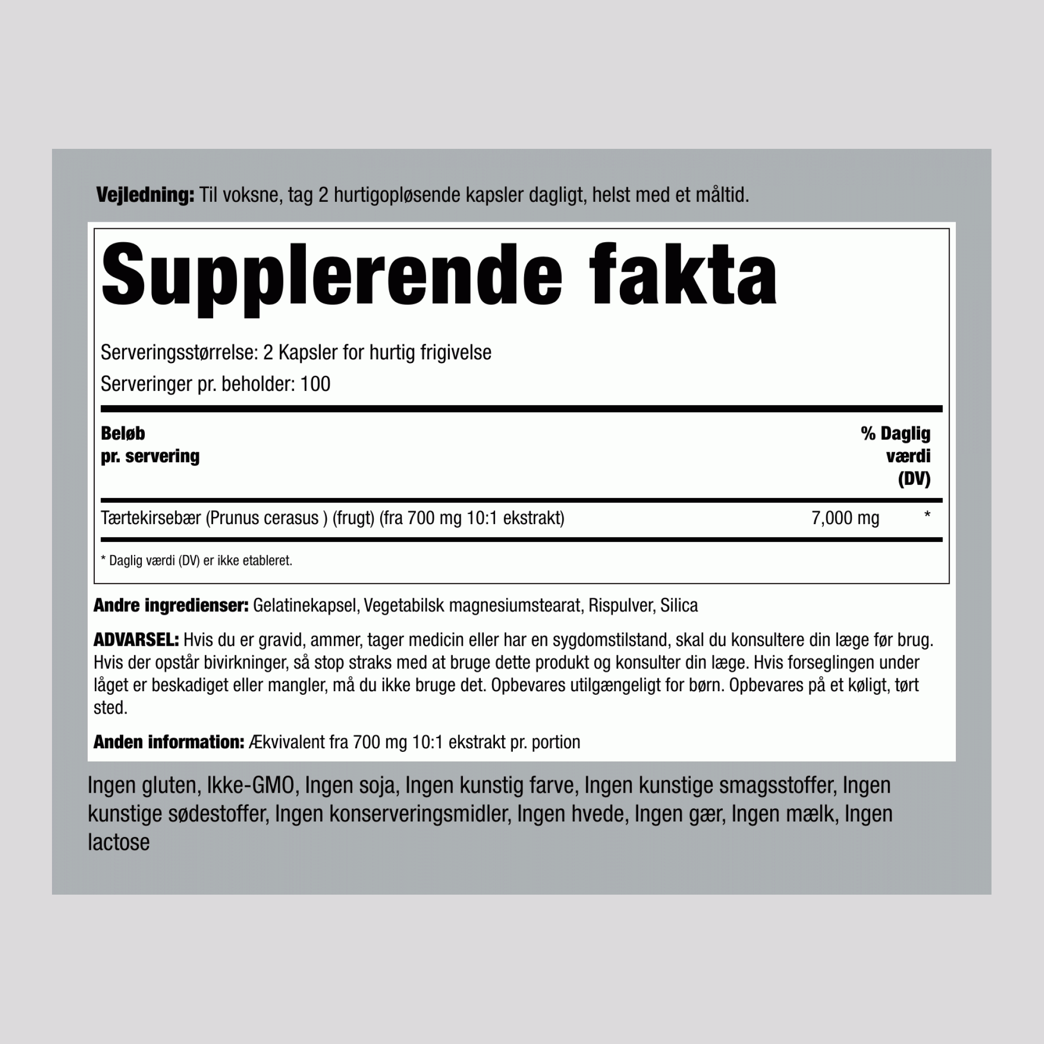 Ultra Sur-kirsebær ,  7000 mg (pr. dosering) 200 Kapsler for hurtig frigivelse 2 Flasker