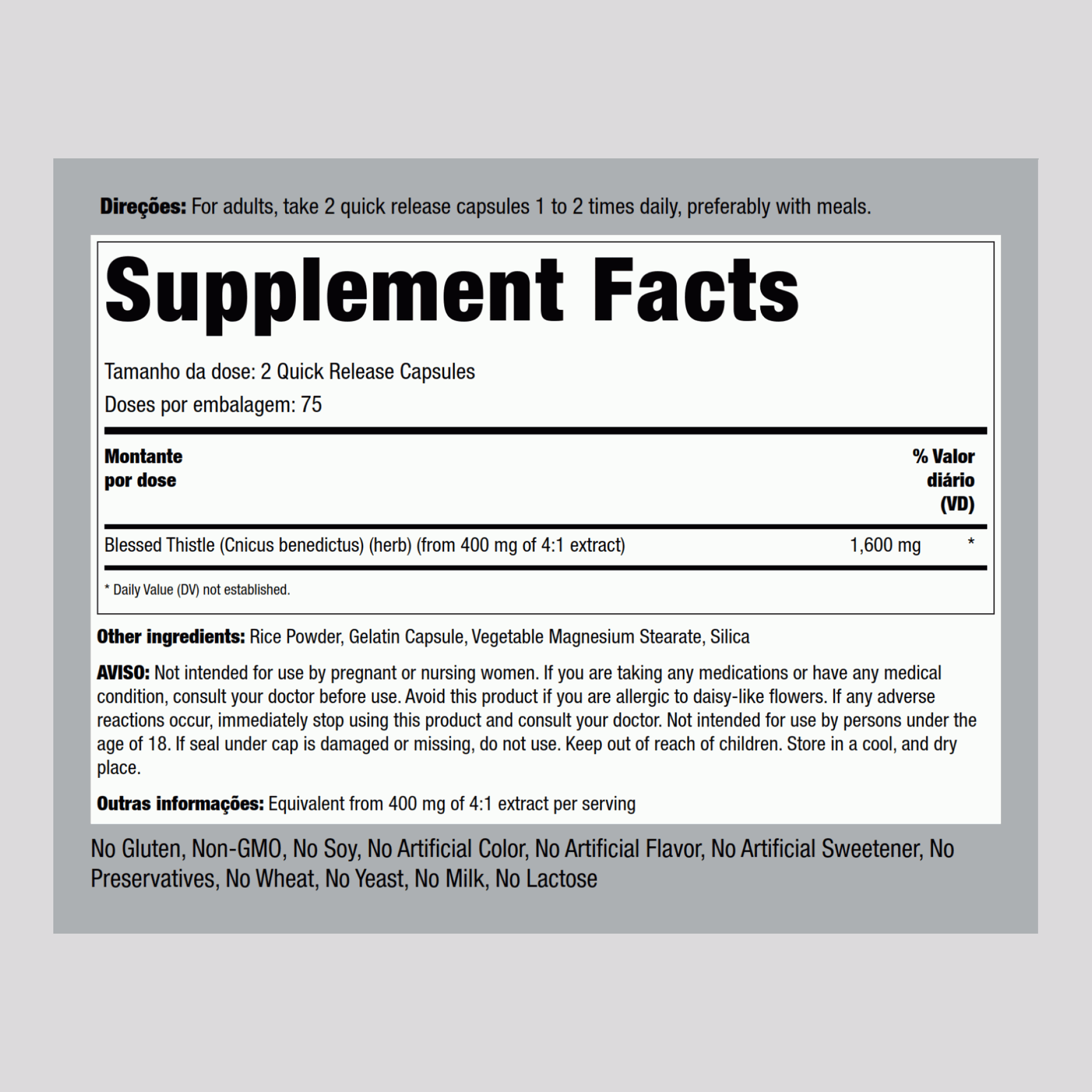 Cardo bendito 1600 mg (por dose) 150 Cápsulas de Rápida Absorção     