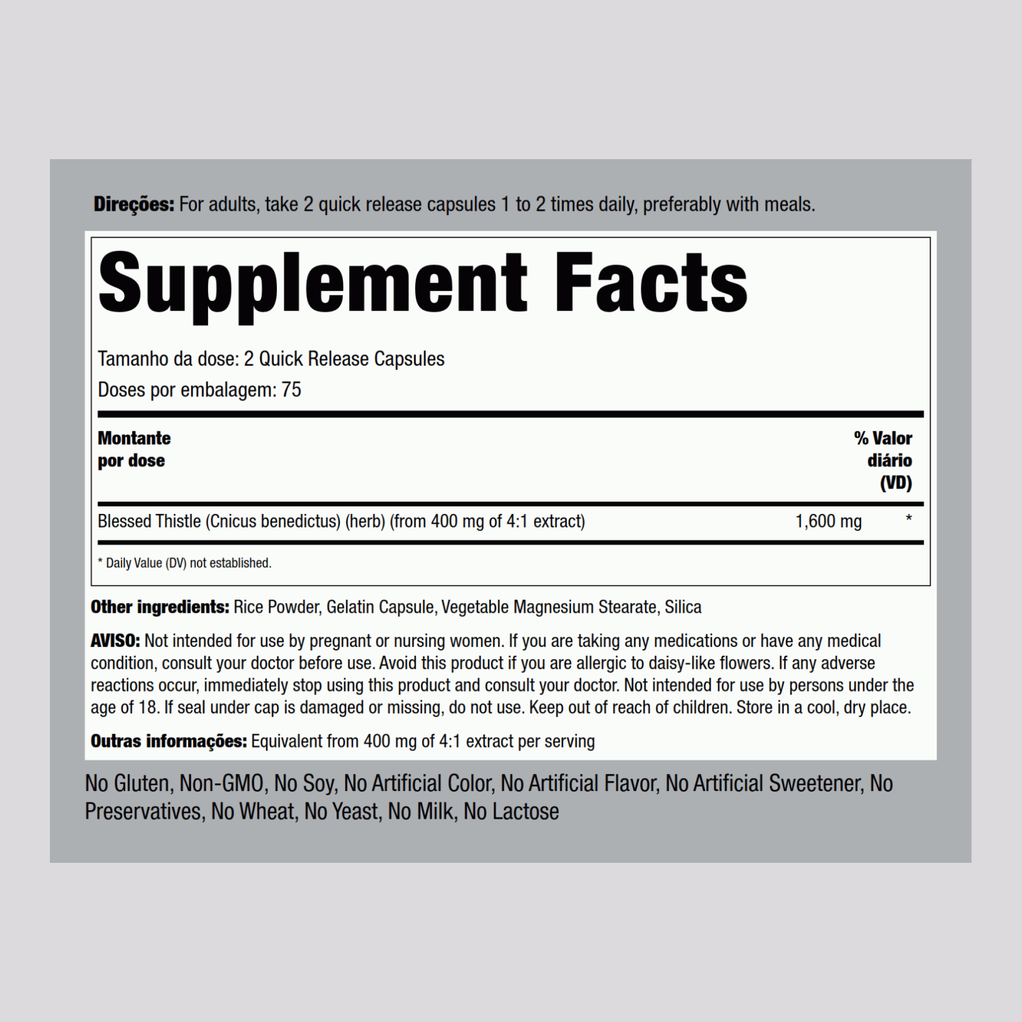 Cardo bendito 1600 mg (por dose) 150 Cápsulas de Rápida Absorção     