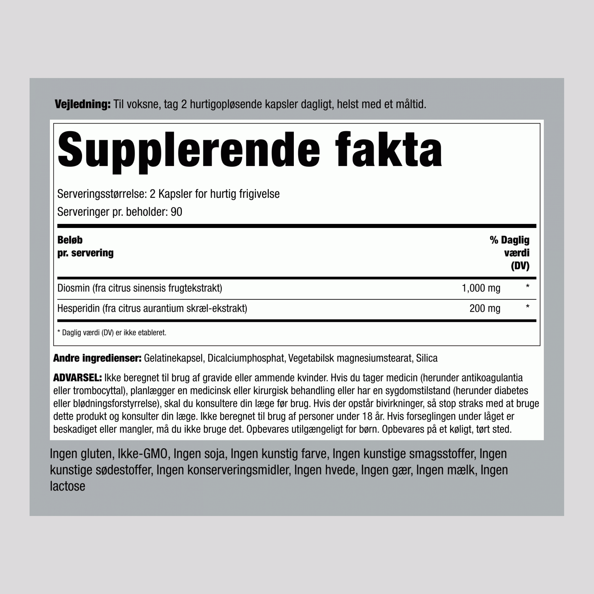 Diosmin med hesperidin 1200 mg (pr. dosering) 180 Kapsler for hurtig frigivelse 2 Flasker    