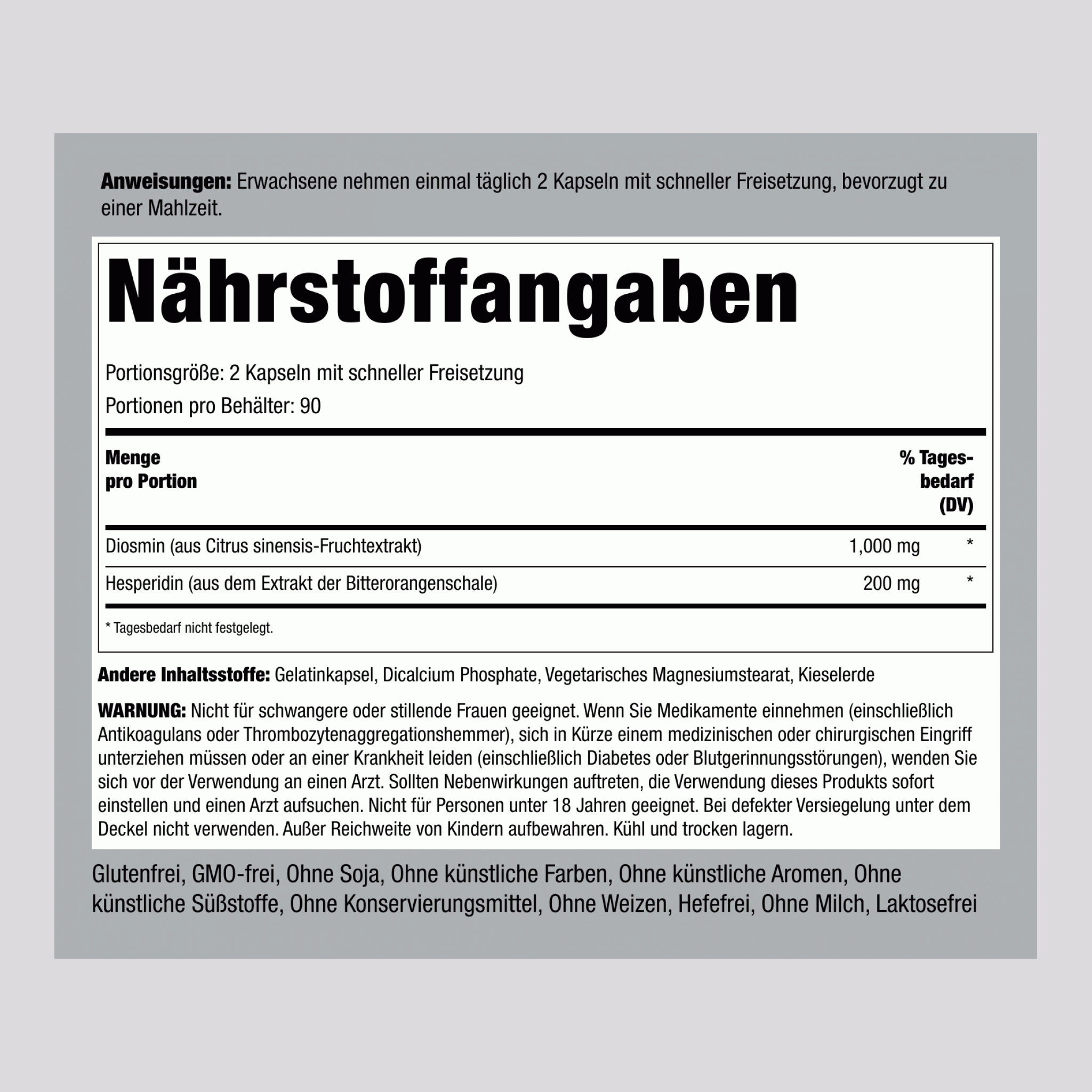 Diosmin mit Hesperidin 1200 mg (pro Portion) 180 Kapseln mit schneller Freisetzung 2 Flaschen    