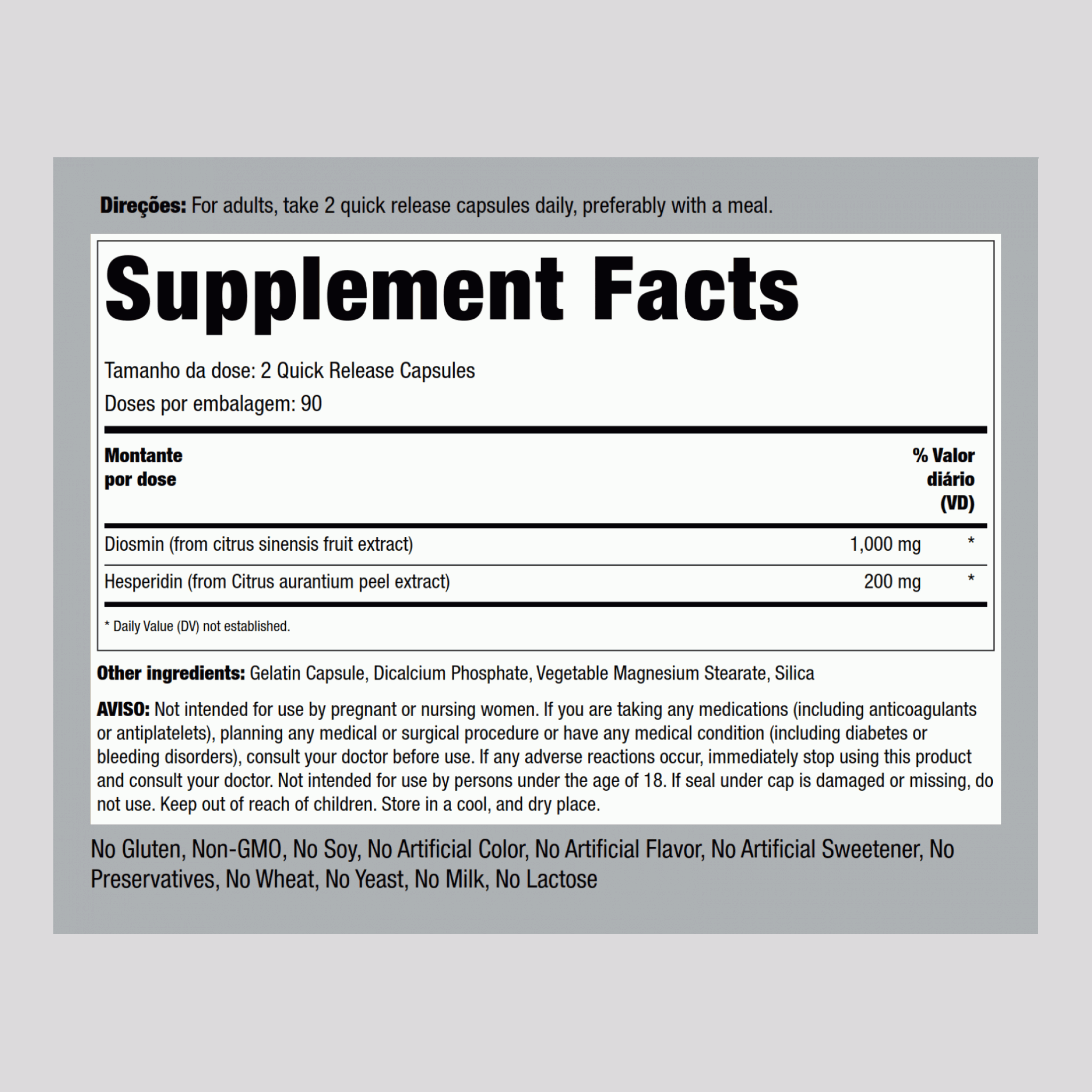 Diosmine avec hespéridine 1200 mg (par portion) 180 Gélules à libération rapide 2 Bouteilles    