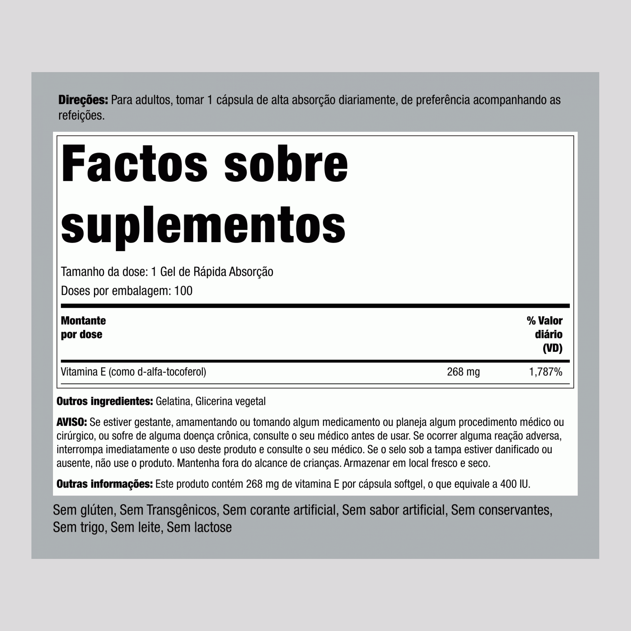 Vitamina E natural  400 IU 100 Gels de Rápida Absorção     