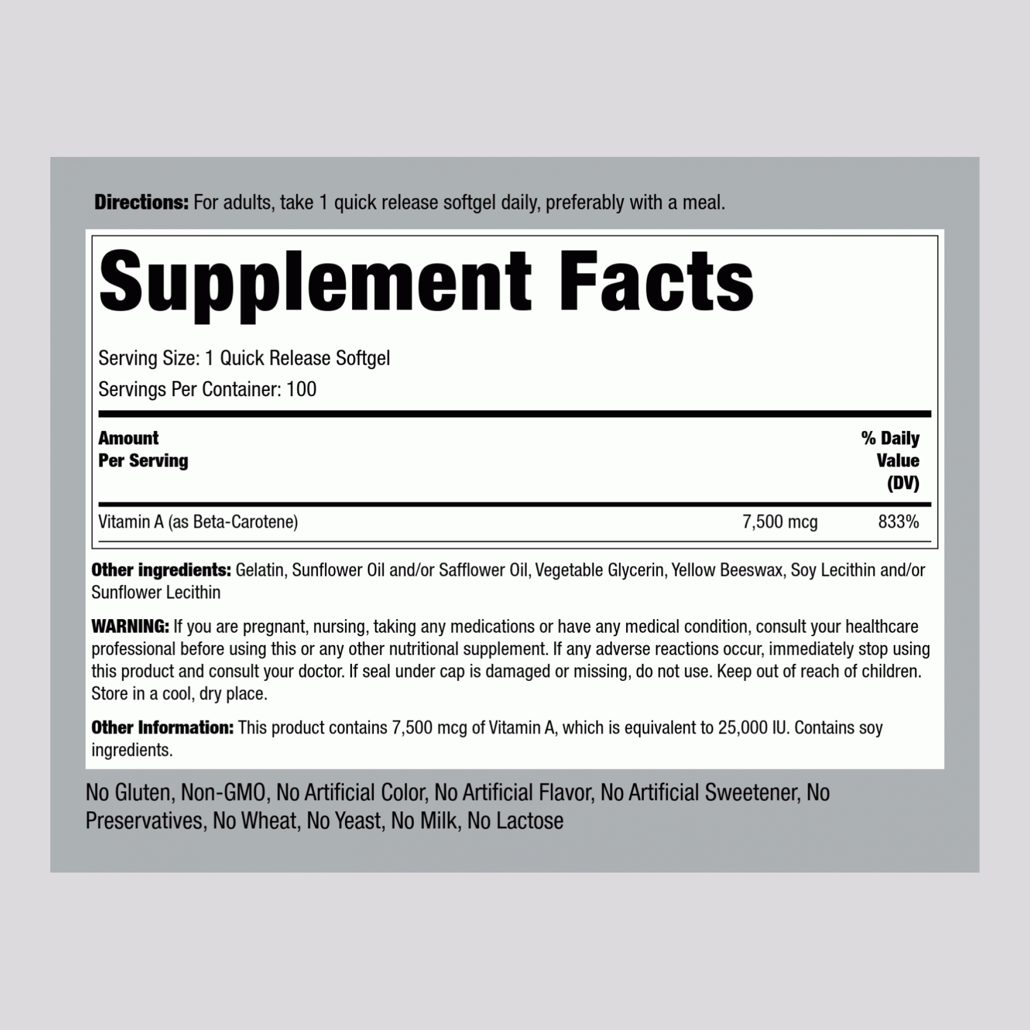 Beta Carotene (Vitamin A), 25,000 IU, 100 Quick Release Softgels