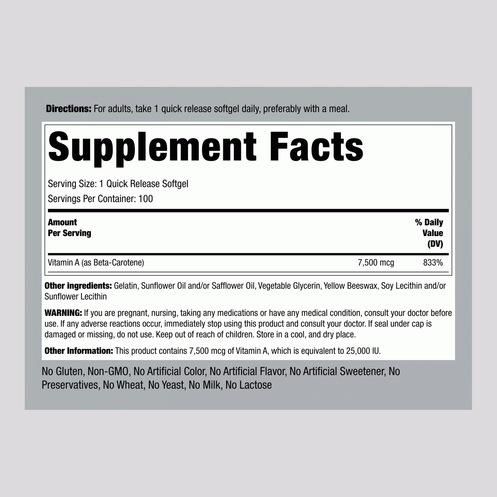 Beta Carotene (Vitamin A), 25,000 IU, 100 Quick Release Softgels, 2  Bottles